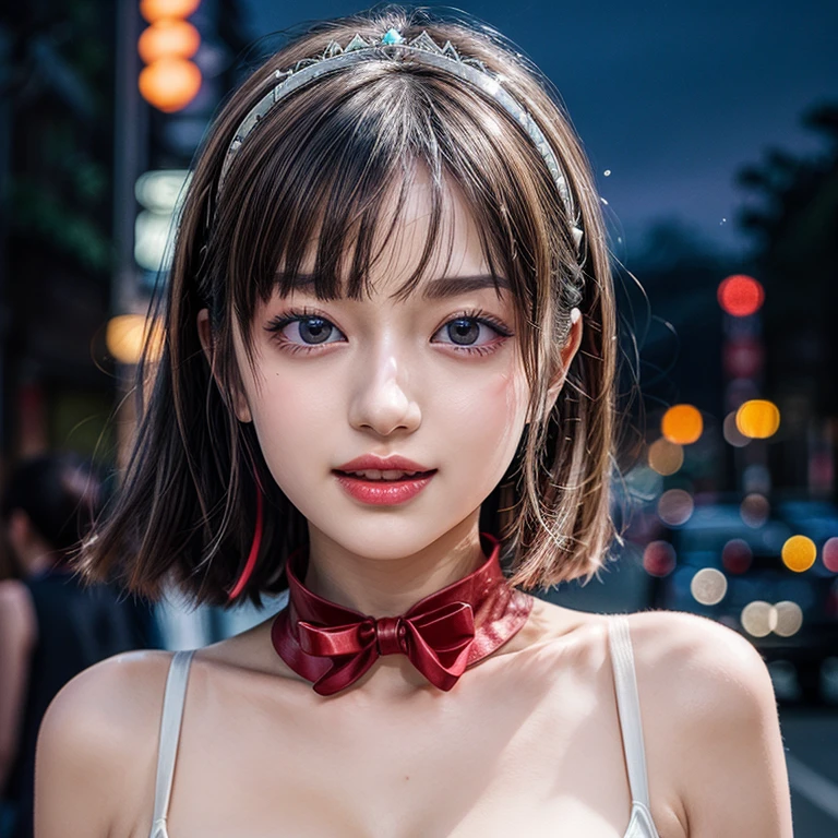 masterpiece of professional Analog photo, realistic and photorealistic with touch of rawness, (a close-up portrait of a princess wearing white thongs on a Top of Skyscraper), Dusk Sky with afterglow, intricate lighting effects with light particles, (many colorful lights dazzling bokeh), Traffic lights, enjoying summer festival, { Childish | Gigantic Cleavage } . BREAK (((NOGIZAKA)))  Extremely Detailed very KAWAII face variation, perfect anatomy, captivating gaze, elaborate detailed Eyes with (sparkling highlights:1.2), long eyelashes、Glossy RED Lips with beautiful details, Coquettish tongue, Rosy cheeks . (Dynamic joyful expressions), { pleasure in agony | Ecstasy | :D | screaming | Perplexed }, Mystic sight . hair and eye color is same color, { Red leather high collar | Red ribbon | Tiny Coronet | half updo | short bob }, from diagonally angle .