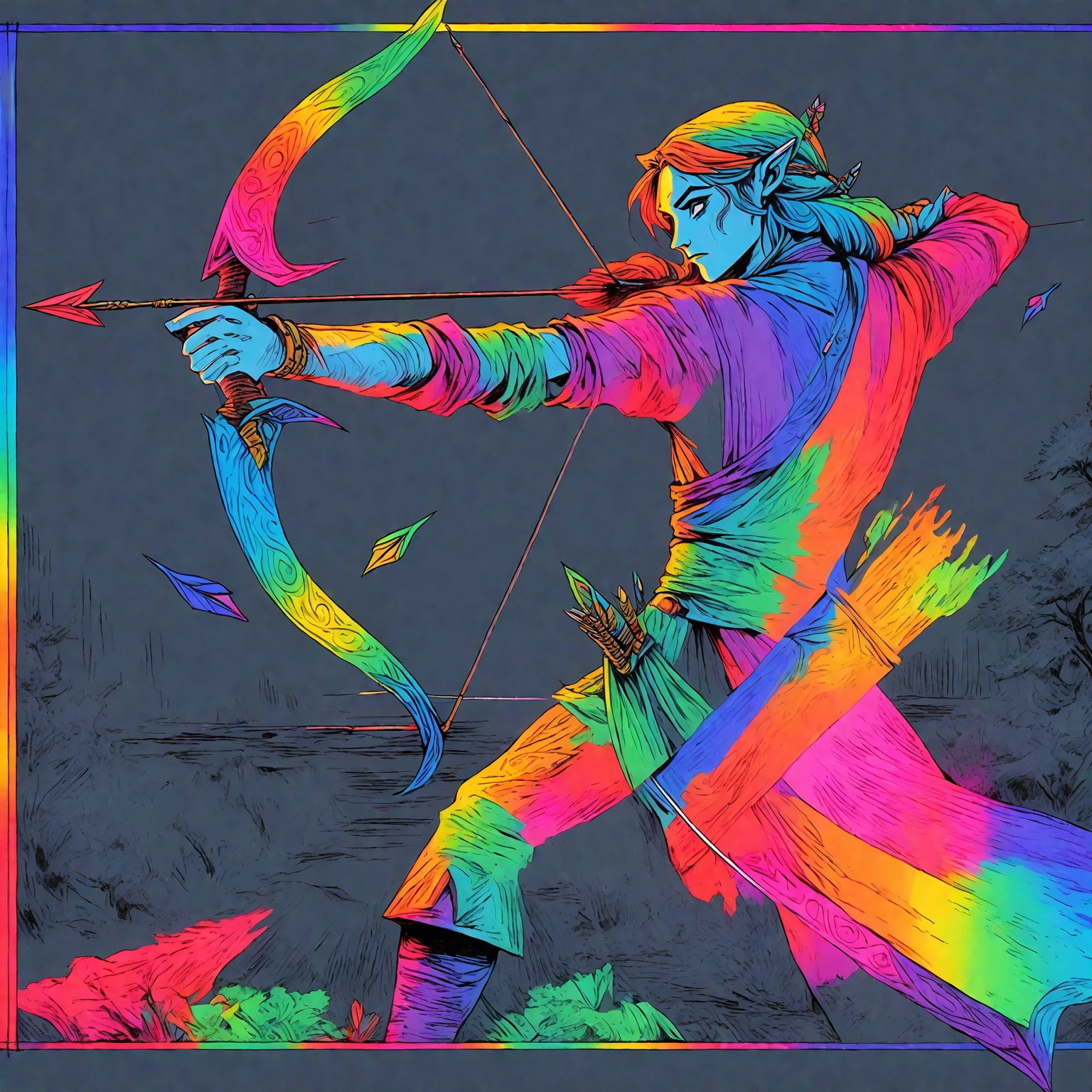 VHS, glitch, distorted, nostalgia, 90's retro vibes, analog tape, vcr aesthetics, tv, television, hand drawn, (full roygbiv color) ink charcoal expressive illustration, no light source, darkness, light mask uv rays across face, Link (zelda), Elf, with bow arrow, quiver, way of the bow, zen, minimal, futility, precise, (phantom hourglass style reference),
