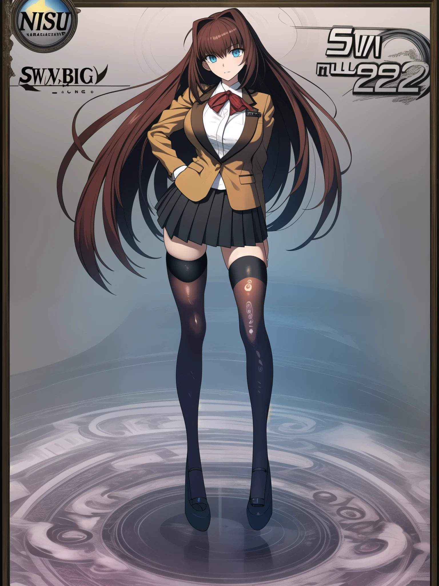 BREAK, blank background, white background, (EMPTY BACKGROUND), BREAK (masterpiece:1.2), best quality, high resolution, unity, 8k, (illustration:1), (beautiful detailed eyes:1.6), extremely detailed face, extremely detailed, CG, perfect hands, perfect anatomy, 1girl, (solo:1.5), bbaoko, (((2 legs max:1.6))), (((2 feet max:1.6))), ((swirling longest hair:1.7)), (brown longest hair with slightly reddish undertone:1.6), (lush luscious longest hair:1.6), (very long voluminous longest hair:1.5), serious, blue eyes, red bowtie, (Form-fitting beige blazer:1.5), brown jacket, (highly detailed beautiful face:1.2), (white shirt:1), (well shaped large breasts:1.6), (nice hips:1), (((Umber pleated thigh-high skirt:1.6))), (((black bike shorts:1.3))), (2 nice visible thighs:1.6), (symmetrical thigh-high black perfect generic stockings:1.6), (strap shoes), (facing front:1.5), ((standing straight:1.5)), ((Fullbody in frame:1.6)), ((Full body:1.5))