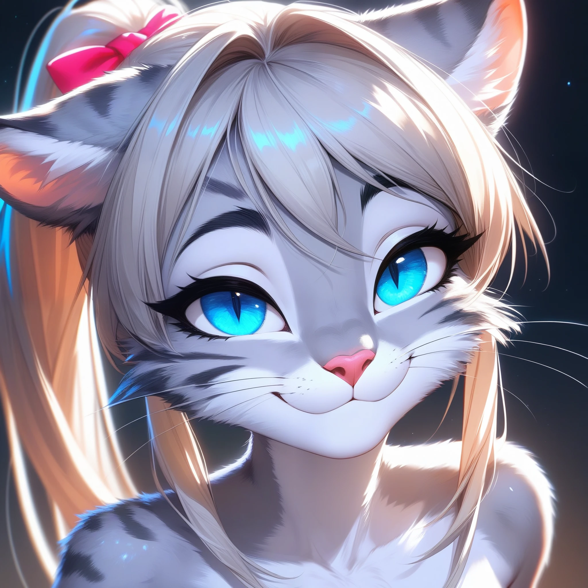 score_9,score_8_up,score_7_up, source_cartoon, source_furry, Kat, a cute Anthro furry feline girl, tall body, hourglass figure, adult female, blue eyes, :3, silver fur, long blonde hair, hair in ponytail, white whiskers, pink nose, wearing blue bandeau, no background, close up, portrait, eyes half closed, raised eyebrows, seductive smile, devilish smile, coy, up to no good