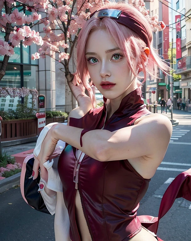 young woman, short shoulder-length pink hair, wide forehead, porcelain skin, pink eyebrows, big emerald green eyes, buttoned nose, full lips, heart-shaped face, slender body, small breasts, red tank top, Sakura Haruno , realistic, realism, details, 3d, well detailed
