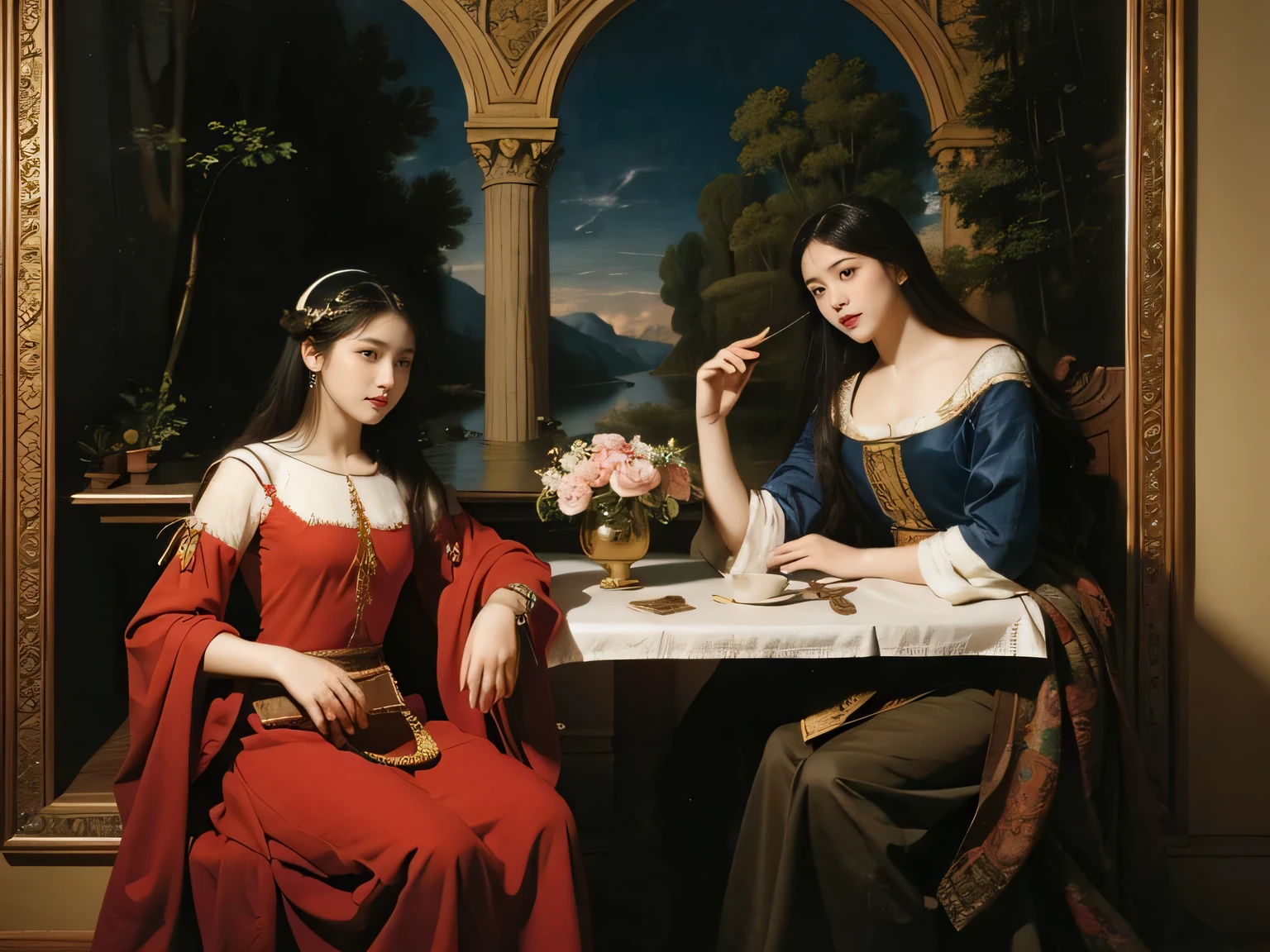 Giorgione painting style,Arguments of two female Philosophe,math、astronomical machine、astronaut、roses in vase、fruits、Cute trinkets、smile、ancient greek costume、Background is a forest lake at night 、Clothes that stretch your shou