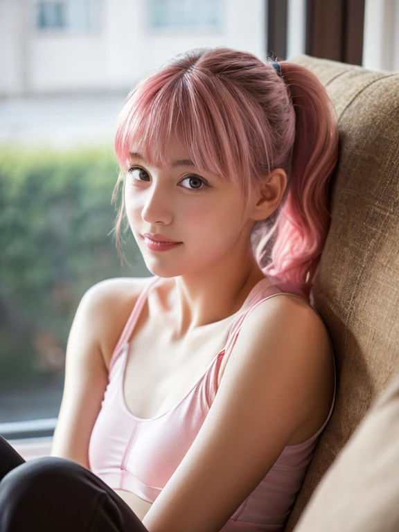 Sitting with Knees Up on sofa at living, spread legs,Browsing Caution, One Girl, (beautiful girl, Delicate girl:1.3), (14 years old:1.3),
break, Very beautiful eyes, (Symmetrical eyes:1.3),
break, Small breasts, Brown eyes, Parted bangs, Pink Hair, (ponytail), (Upper teeth, The best smile:0.2),
break, (Eye and facial details:1.0),
break, (masterpiece, highest quality, Very detailed, Detailed face, 8k),Pink Hair,Fluffy hair,美しいPink Hair,Wide-angle,whole body,Exposing the breasts,Gym suit