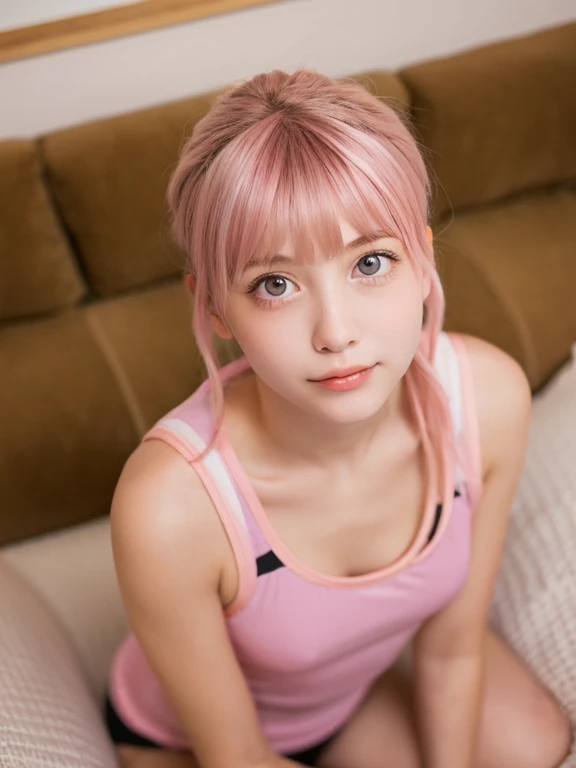 Sitting with Knees Up on sofa at living, spread legs,Browsing Caution, One Girl, (beautiful girl, Delicate girl:1.3), (14 years old:1.3),
break, Very beautiful eyes, (Symmetrical eyes:1.3),
break, Small breasts, Brown eyes, Parted bangs, Pink Hair, (ponytail), (Upper teeth, The best smile:0.2),
break, (Eye and facial details:1.0),
break, (masterpiece, highest quality, Very detailed, Detailed face, 8k),Pink Hair,Fluffy hair,美しいPink Hair,Wide-angle,whole body,Exposing the breasts,Gym suit