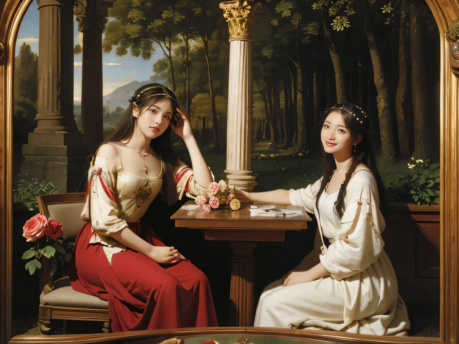 Giorgione painting style,Arguments of two female Philosophe,math、astronomical machine、astronaut、roses in vase、fruits、Cute trinkets、smile、ancient greek costume、Background is a forest lake at night 、Clothes that stretch your shou