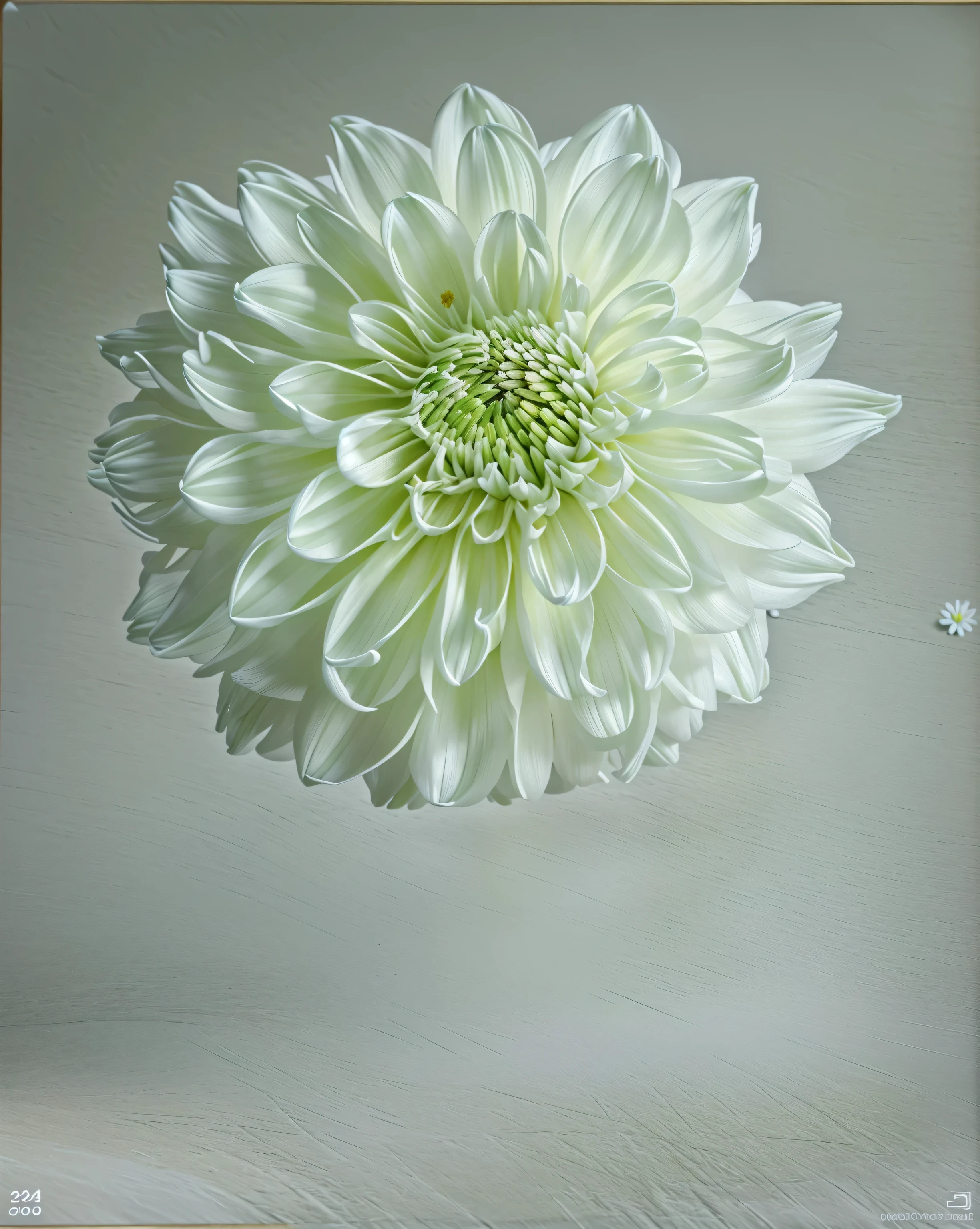 there is a white flower in a vase on a table, giant dahlia flower head, chrysanthemum eos-1d, white flower, closeup giant dahlia flower head, white petal, giant dahlia flower crown head, long petals, hyper detailed photorealistic, chrysanthemum, hyper realistic detailed render, soft and intricate, giant white daisy flower head, large flower head