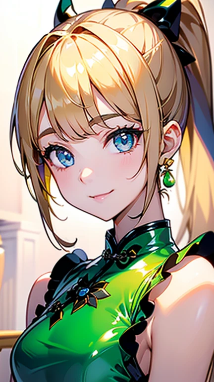 High quality, Best quality , masterpiece, Portrait、、Bright expression、ponytail、Young, shiny, white, glossy skin、Gloss Face、Shining Cheek Gloss、Small Face Beauty、The best beauty、The dazzling light of blonde hair、Bright blonde hair with dazzling highlights、Very beautiful shiny light blonde hair、super long silky straight hair、Her shiny, beautiful bangs are covering her eyes.、Sparkling, clear, attractive, bright, large, pale blue eyes、Very big eyes、eyeliner、very beautiful lovely cute girl、young girl, Ample Bust, upper body , (smile:1.2) , (((lime green latex cheongsam , ponytail )))),in castle ,huge breast , smile
