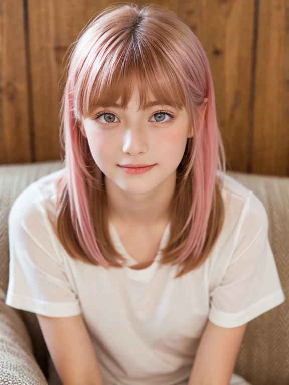 Sitting with Knees Up on sofa at living, spread legs,Browsing Caution, One Girl, (beautiful girl, Delicate girl:1.3), (14 years old:1.3),
break, Very beautiful eyes, (Symmetrical eyes:1.3),
break, Small breasts, Brown eyes, Parted bangs, Pink Hair, (ponytail), (Upper teeth, The best smile:0.2),
break, (Eye and facial details:1.0),
break, (masterpiece, highest quality, Very detailed, Detailed face, 8k),Pink Hair,Fluffy hair,美しいPink Hair,Wide-angle,whole body,Exposing the breasts,Just one T-shirt