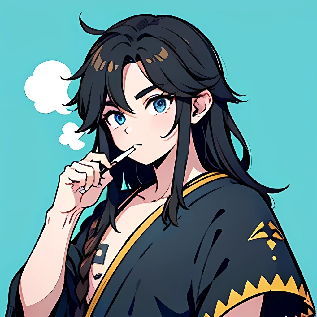 adulto,homem, agachado, segurando um cigarro, obra de arte,melhor qualidade,anime, negro, Sozinho, cangaceiro, Messy hair, cabelo preto,barba pequena, mangas destacadas, olhando para o espectador,olheiras pequenas, mangas pretas, janela, avental,