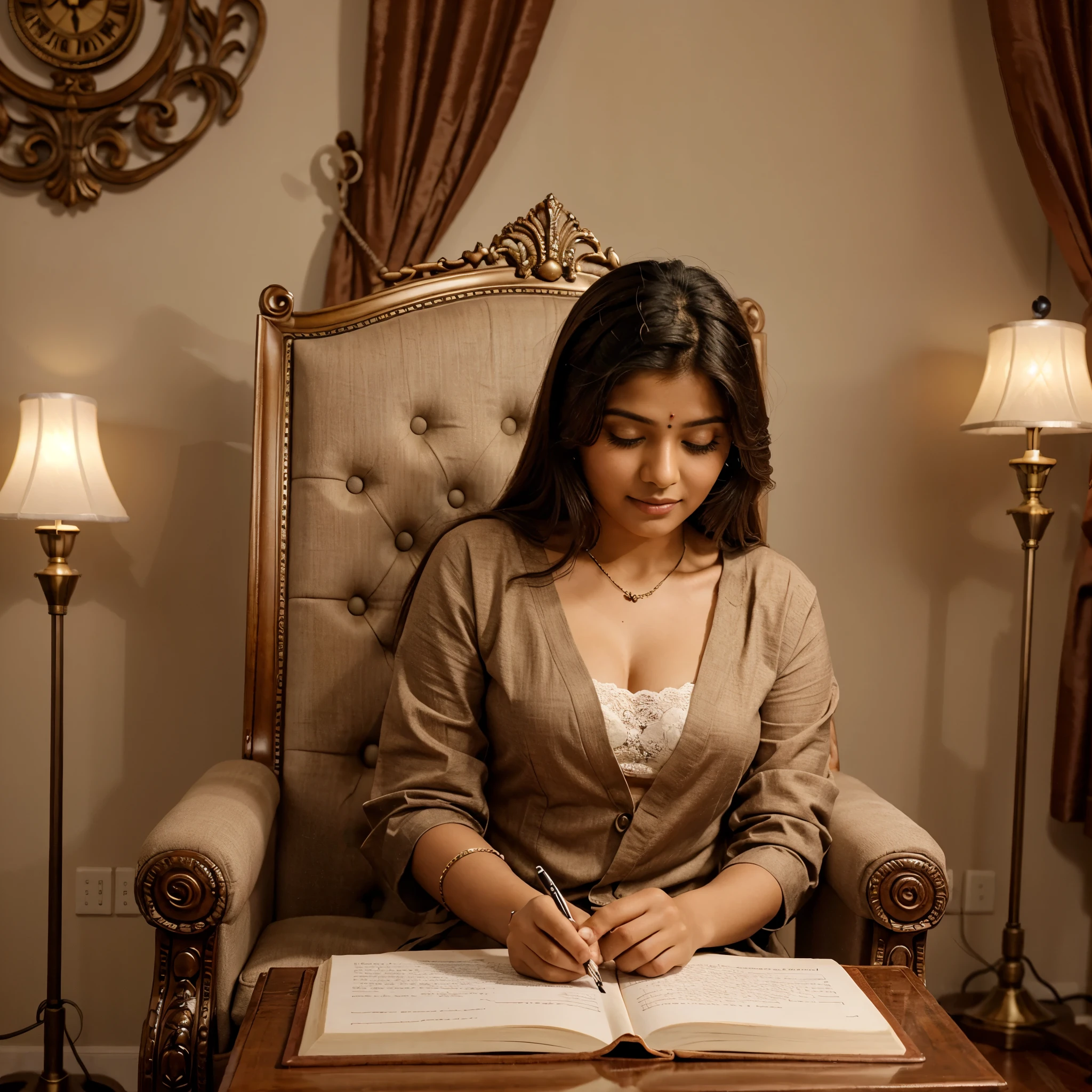 Making one who sit on king chair and write down wishing of happy birthday to Megha