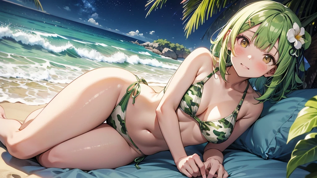 Maki: ore no imouto ga konna ni kawaii wake ga nai, 25-yers-old girl with short light green straight hair with flower hairpin on left bangs, light_brown_eyes, petite_body, average_breasts, seducing look, green camo one piece bikini, beach at night