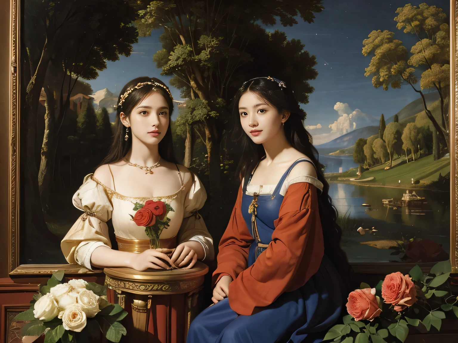 Giorgione painting style,Arguments of two female Philosophe,math、astronomical machine、astronaut、roses in vase、fruits、Cute trinkets、smile、ancient greek costume、Background is a forest lake at night 、Clothes that stretch your shou
