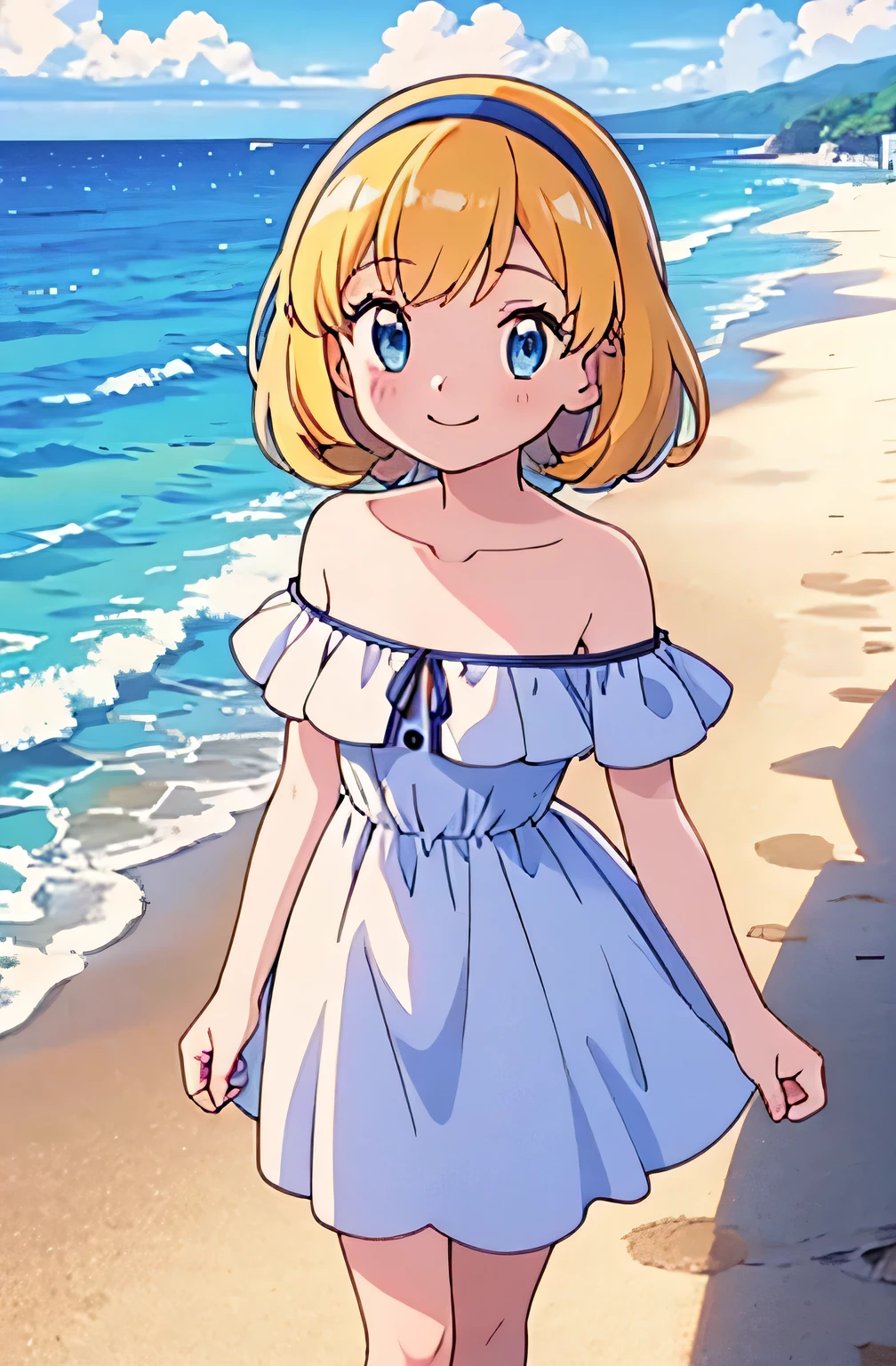 pokemovies, sugimori ken, ken sugimori ken \(style\), anime screencap, masterpiece, best quality, highres, outdoors, small breasts, 1 girl, Solo, Blue Eyes, Beautiful Detail Eyes, Blonde Medium Hair, black hairband, Short Hair, Bangs, Good hands are down, Smile, Blushing, Bare Neck, Bare Shoulders, strapless, White Ruffle Off-the-Shoulder maxi dress. Cowboy shot. A landscape of the beach, sea, blue skies, sand beach. In the center. Walking on the beach with bare feets. Far from the bottom, looking at viewers