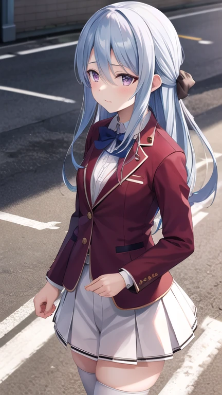 masterpiece, best quality, highres, Shiina Hiyori, long hair, hair ribbon, purple eyes, , blue bowtie, red jacket, blazer, pleated skirt, white skirt, thighhighs, street, walking, cowboy shot, wind