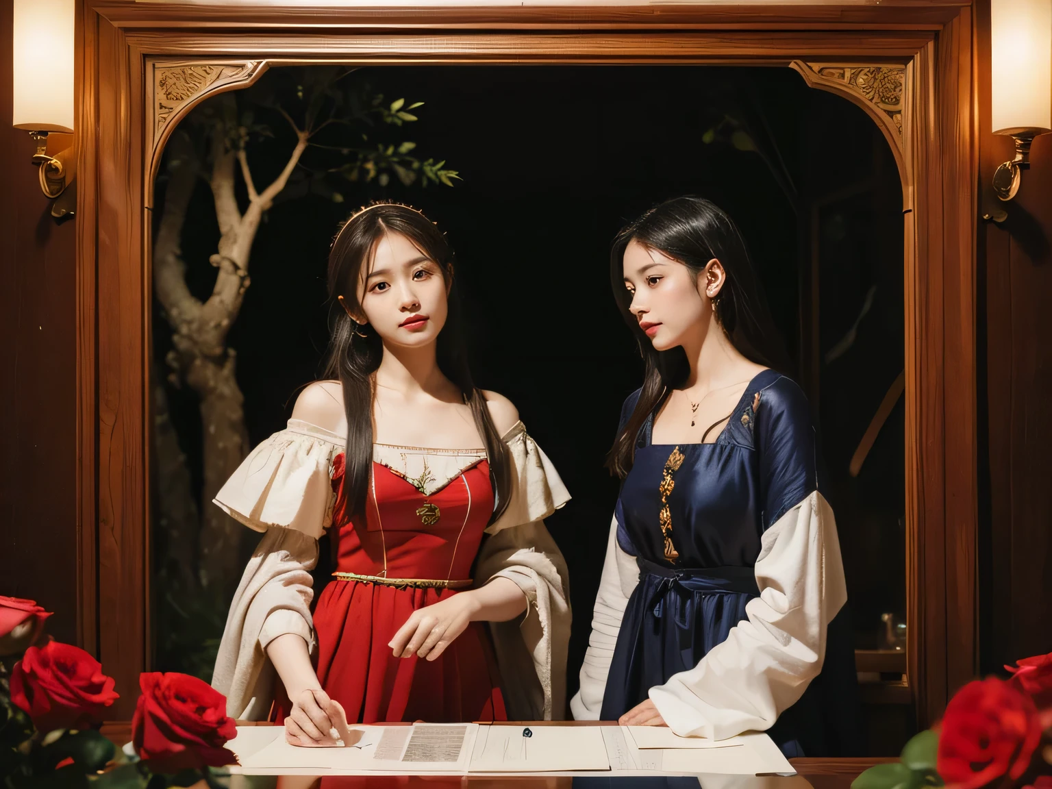 Giorgione painting style,Arguments of two female Philosophe,math、astronomical machine、astronaut、roses in vase、fruits、Cute trinkets、smile、ancient greek costume、Background is a forest lake at night 、Clothes that stretch your shou