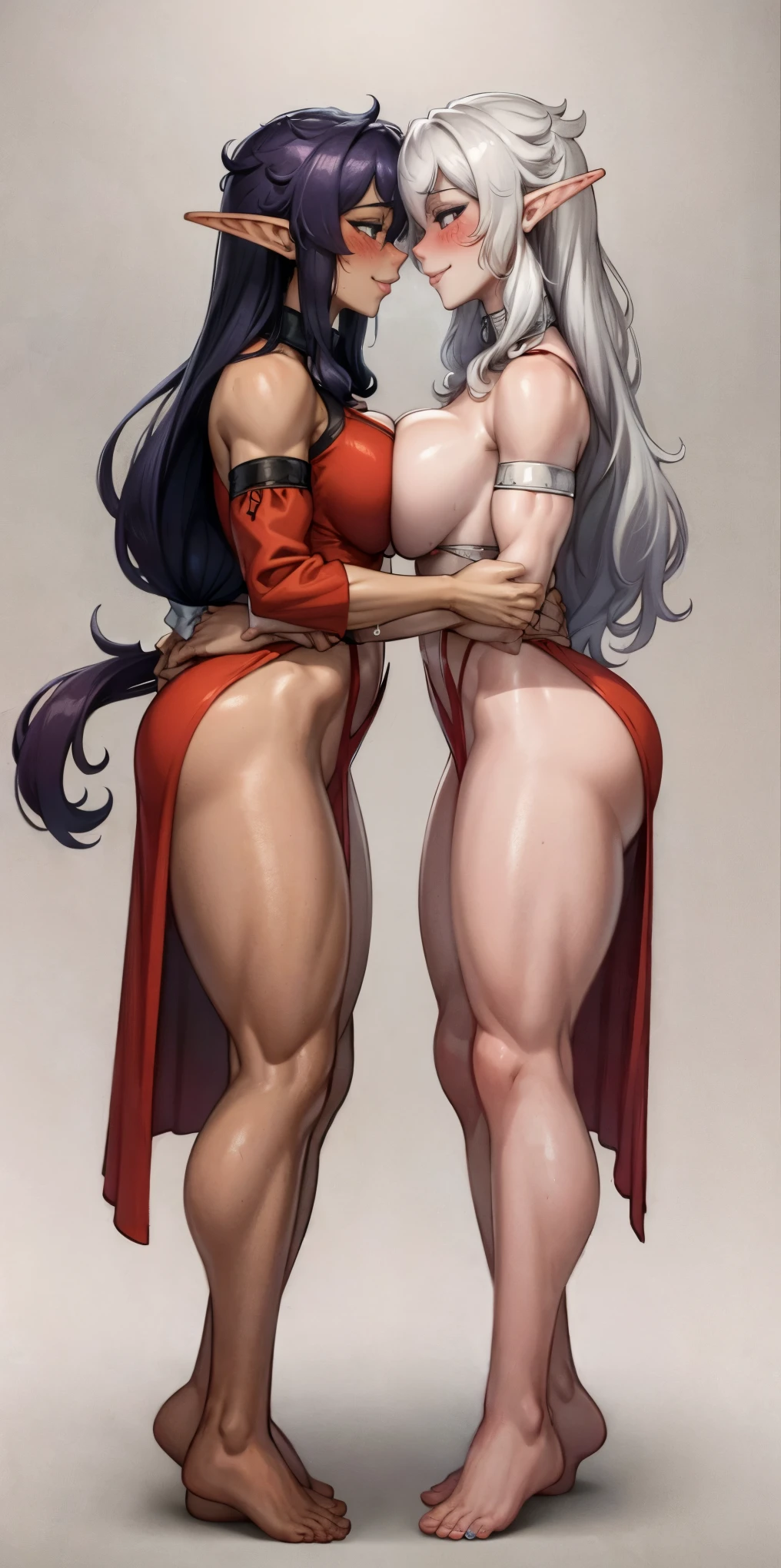 Body position: Standing, straight, symmetrical, barefoot, Lustful smile on face with red blush, 2 girls who gets married and stands in front of many people, kissing, purple skin drow elves