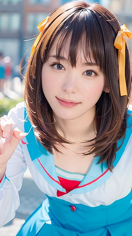 (RAW Photos:1.2), (Realistic:1.4),(masterpiece:1.3),(highest quality:1.4),超High resolution,(Fine grain),(Detailed facial features),(Detailed clothing features),High resolution,8K resolution, Focus Only, View Viewer, (bangs:1.1), dream-like, (Highly detailed illustration), One girl,cute, Innocent, (smile), (whole body) , Haruhi_srf, White long sleeve shirt with blue collar, Blue Skirt, Yellow ribbon, Are standing,