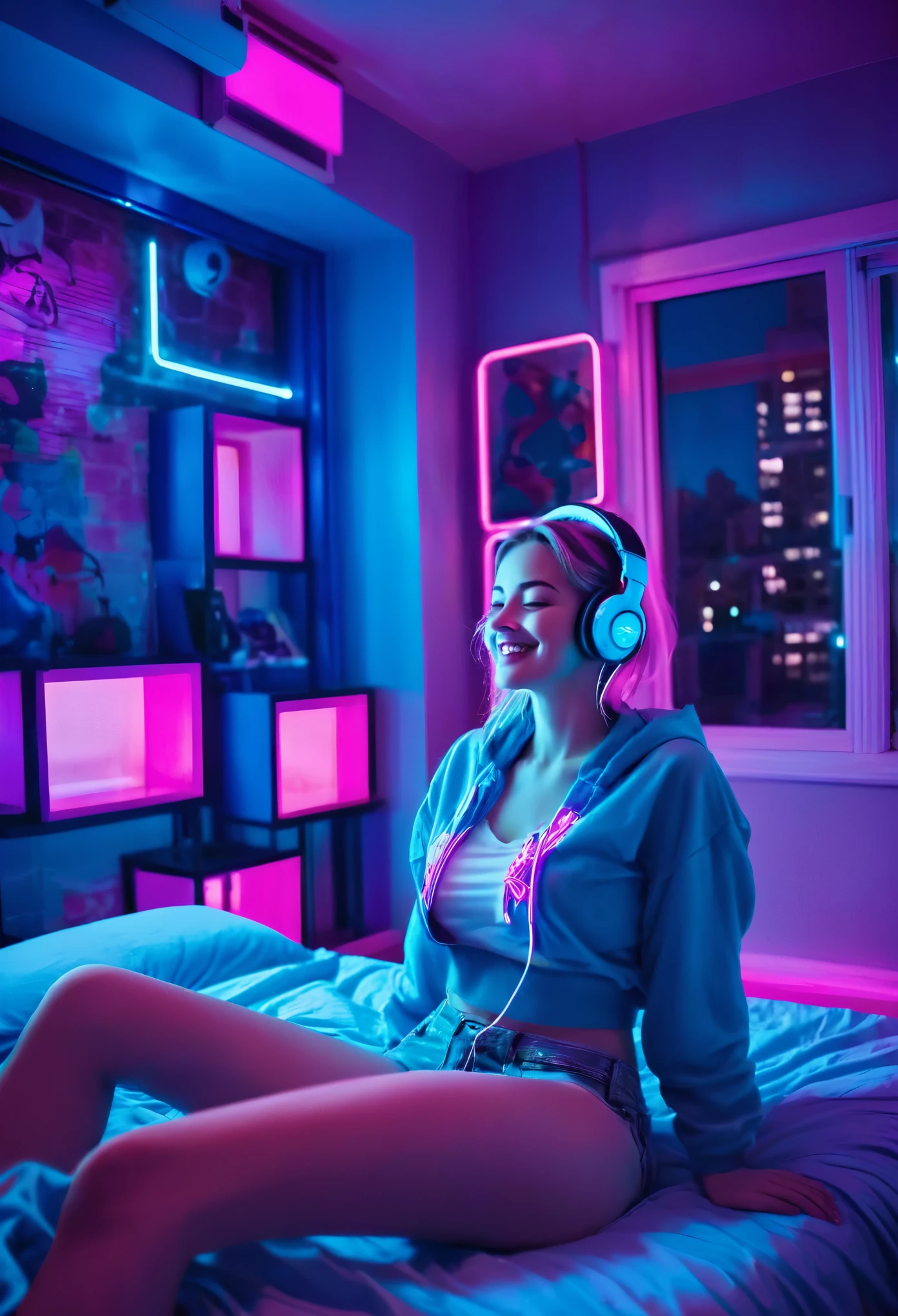 image of a beautiful European girl with a beautiful smile and closed eyes lying on her back and legs crossed on the bed inside an apartment bedroom with pink and blue neon lights and a window that shows buildings lit up with neon outside at night, She wears headphones over her ears and is facing the window