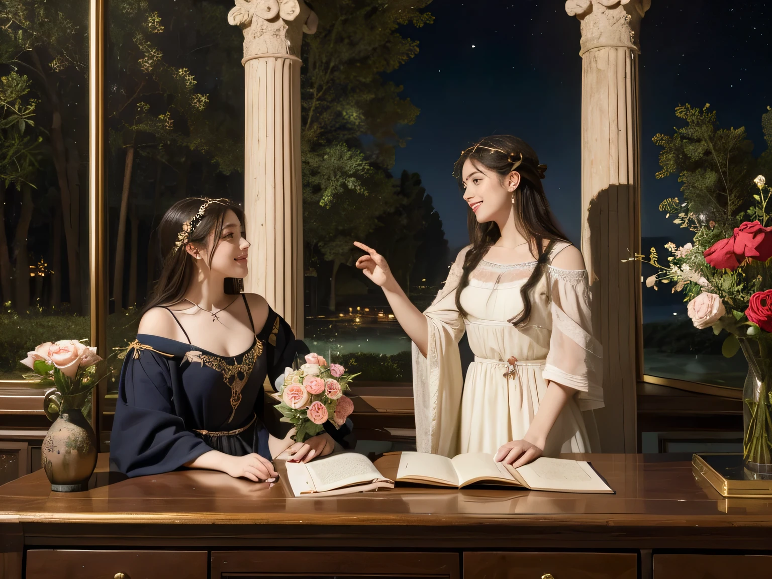 Giorgione painting style,Arguments of two female Philosophe,math、astronomical machine、astronaut、roses in vase、fruits、Cute trinkets、smile、ancient greek costume、Background is a forest lake at night 、Clothes that stretch your shoulders、A big smile、beautiful bare skin、A detailed representation of the seducing woman throughout her body.