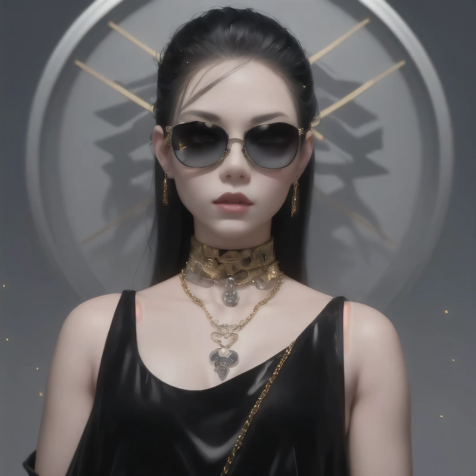 a woman wearing a black dress and sunglasses with a gold chain around her neck, yanjun chengt, trending on cgstation, cyberpunk sunglasses, inspired by Luo Mu, in style of chrome hearts, sha xi, inspired by Gong Xian, inspired by Hedi Xandt, inspired by Wu Bin, full body xianxia, cyberpunk eye wear