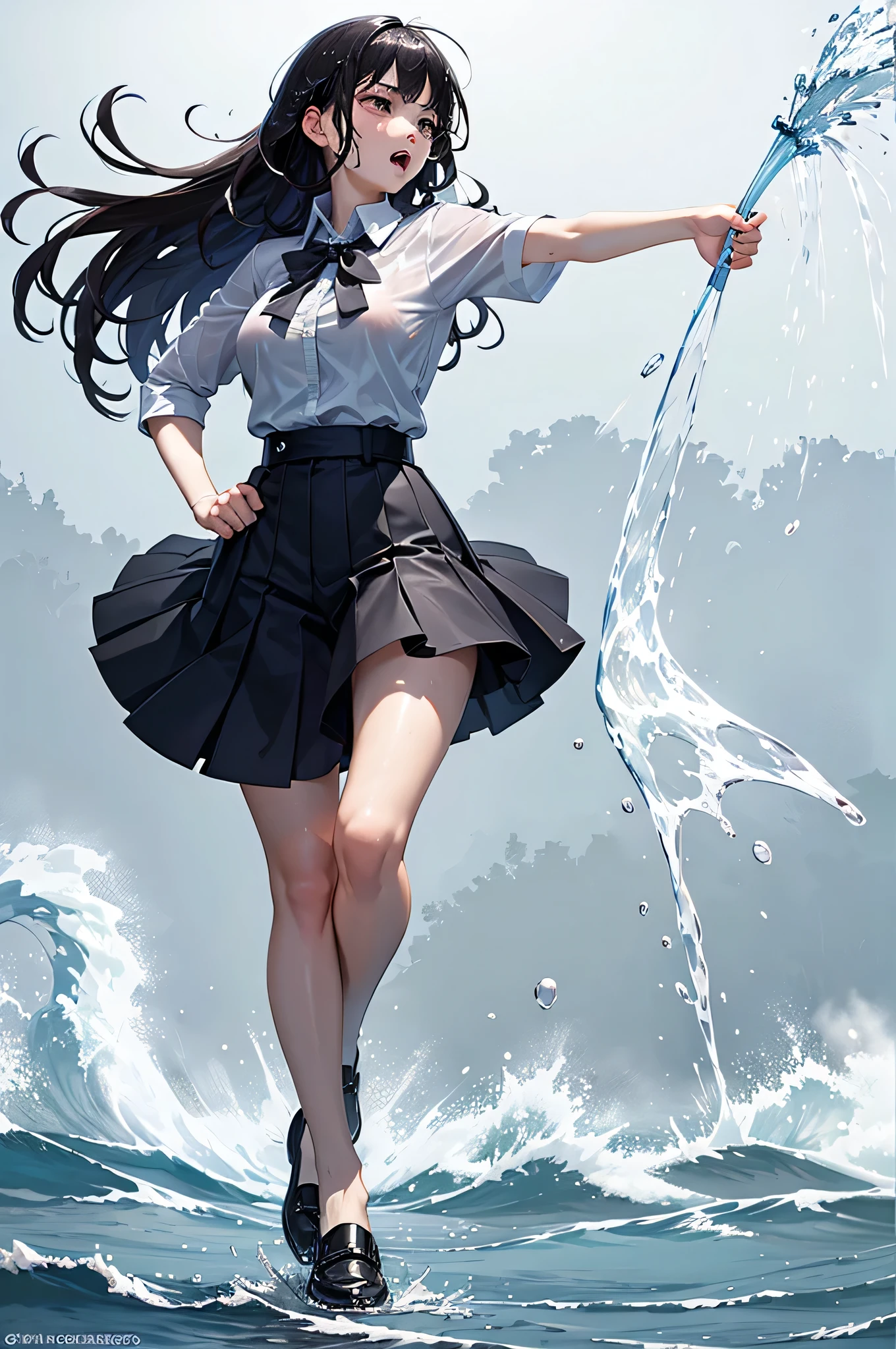 masterpiece, highest quality, (Dynamic pose:0.5), Absurd, One girl, Fighting Pose, Punch Water, (Attacking with water:1.5) Wet clothes, wet hair, Wet Face, Water behind a person, Multicolored Hair, (Wind:1.4)