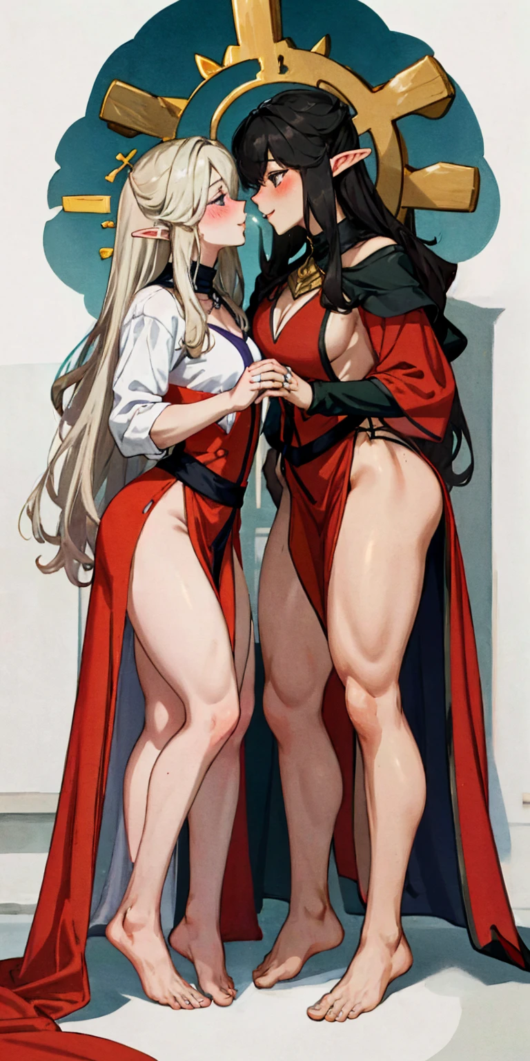 Body position: Standing, straight, symmetrical, barefoot, Lustful smile on face with red blush, 2 girls who gets married and stands in front of many people, kissing, purple skin drow elves