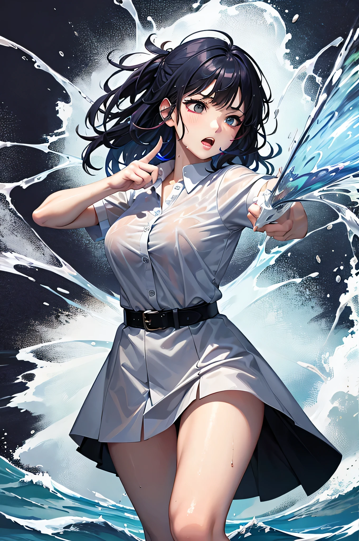 masterpiece, highest quality, (Dynamic pose:0.5), Absurd, One girl, Fighting Pose, Punch Water, (Attacking with water:1.5) Wet clothes, Wet Hair, Wet Face, Waters, Multicolored Hair, (Wind:1.4)