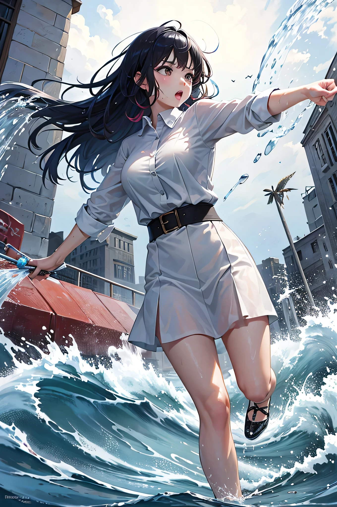 masterpiece, highest quality, (Dynamic pose:0.5), Absurd, One girl, Fighting Pose, Punch Water, (Attacking with water:1.5) Wet clothes, Wet Hair, Wet Face, Waters, Multicolored Hair, (Wind:1.4)