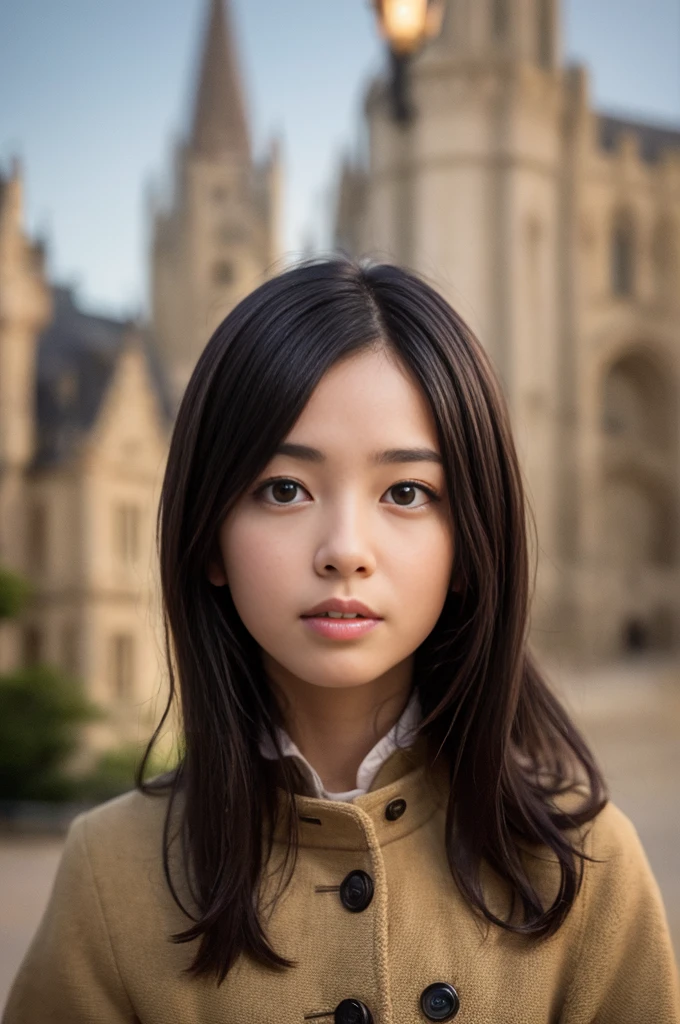 (8K, RAW photo, highest quality, masterpiece:1.3), (realistic, photo-realistic:1.4), (Highly detailed 8K wallpaper), sharp focus, Depth of written boundary,
japanese idol,very cute, baby face,(coat:1.3),(long hair :1.3), Upper body, highly detailed face and eyes,((shiny skin:1.2)), cinematic lighting, soft light, blur background, (A city with historical landmarks, such as a castle or a cathedral)