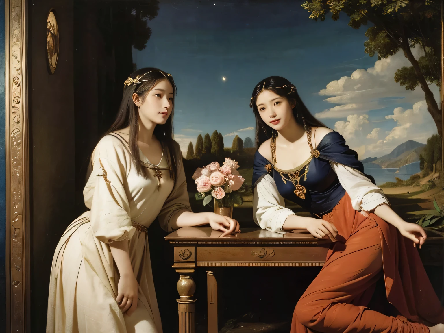 Giorgione painting style,Arguments of two female Philosophe,math、astronomical machine、astronaut、roses in vase、fruits、Cute trinkets、smile、ancient greek costume、Background is a forest lake at night 、Clothes that stretch your shou
