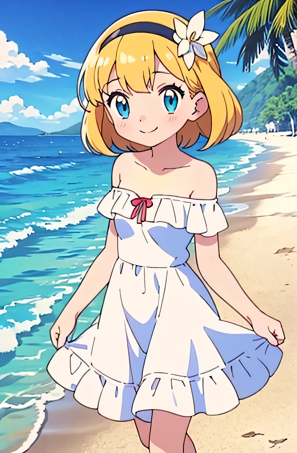 pokemovies, sugimori ken, ken sugimori ken \(style\), anime screencap, masterpiece, best quality, highres, outdoors, small breasts, 1 girl, Solo, Blue Eyes, Beautiful Detail Eyes, Blonde Medium Hair, black hairband, Short Hair, Bangs, Good hands are down, Smile, Blushing, Bare Neck, Bare Shoulders, strapless, White Ruffle Off-the-Shoulder maxi dress. Cowboy shot. A landscape of the beach, sea, blue skies, sand beach. In the center. Walking on the beach with bare feets. looking at viewers