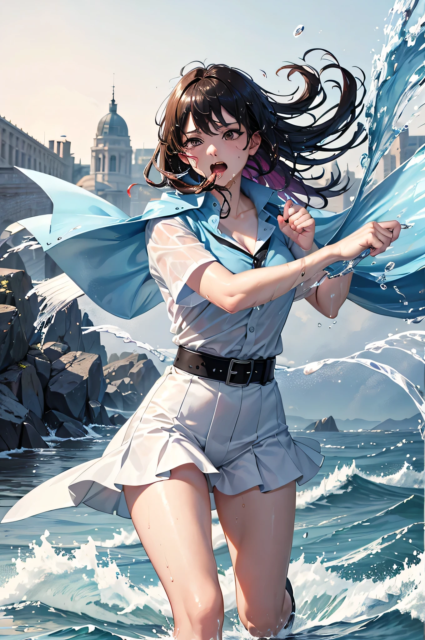 masterpiece, highest quality, (Dynamic pose:0.5), Absurd, One girl, Fighting Pose, Punch Water, (Attacking with water:1.5) Wet clothes, Wet Hair, Wet Face, Waters, Multicolored Hair, (Wind:1.4)