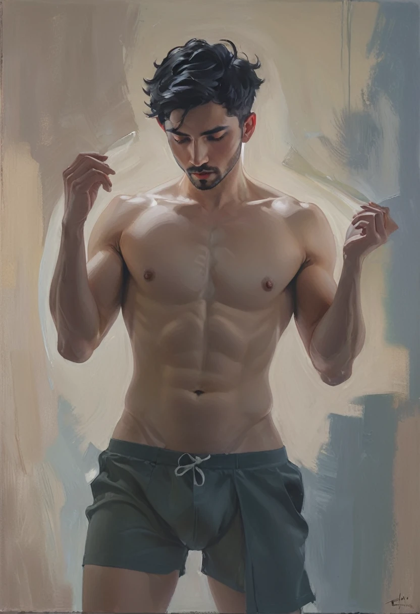 chiaroscuro technique on sensual illustration of an arafed man in white underwear, sexy masculine, diego fazio, male model, by Ludovit Fulla, model with attractive body, inspired by Ludovit Fulla, mid-shot of a hunky, the model draped in flowing, thick oil painting by Harumi Hironaka, extremely soft colors, vibrant, highly detailed, malcolm liepke painting, oil on canvas, high contrast, dramatic, refined, tonal, a thick textured oil painting, impasto brushstrokes, dry brushing,revealing underlayers, abstract landscape, moody lighting, dramatic shadows, muted earthy colors, vibrant colors, highly detailed, masterpiece,