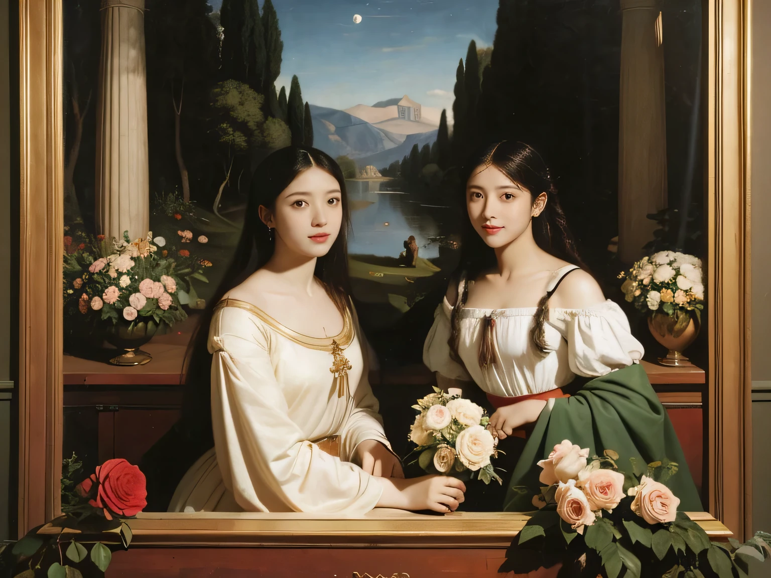 Giorgione painting style,Arguments of two female Philosophe,math、astronomical machine、astronaut、roses in vase、fruits、Cute trinkets、smile、ancient greek costume、Background is a forest lake at night 、Clothes that stretch your shou