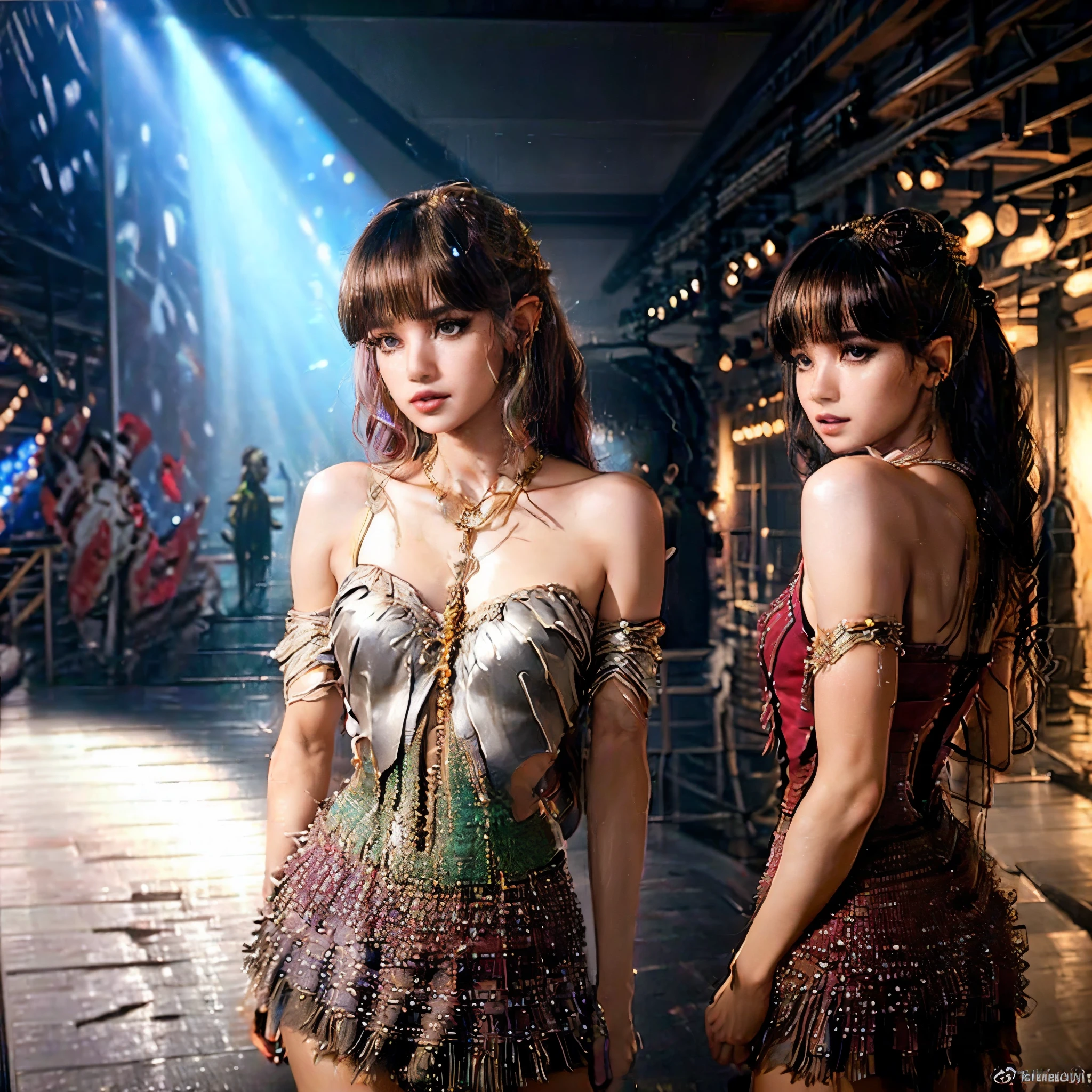 a beautiful elven dancer, 1 girl, rainbow hair, rainbow sheer silky billowing dress, doing a sultry dance with grand sweeping movements, in a royal banquet hall, best quality, 8k, highres, masterpiece, ultra-detailed, realistic, photorealistic, photo-realistic, HDR, UHD, studio lighting, ultra-fine painting, sharp focus, physically-based rendering, extreme detail description, professional, vivid colors, bokeh, fantasy, magical, ethereal