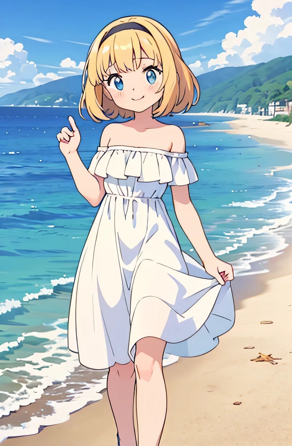 pokemovies, sugimori ken, ken sugimori ken \(style\), anime screencap, masterpiece, best quality, highres, outdoors, small breasts, 1 girl, Solo, Blue Eyes, Beautiful Detail Eyes, Blonde Medium Hair, black hairband, Short Hair, Bangs, Good hands are down, Smile, Blushing, Bare Neck, Bare Shoulders, strapless, White Ruffle Off-the-Shoulder maxi dress. Cowboy shot. A landscape of the beach, sea, blue skies, sand beach. In the center. Walking on the beach with bare feets. looking at viewers