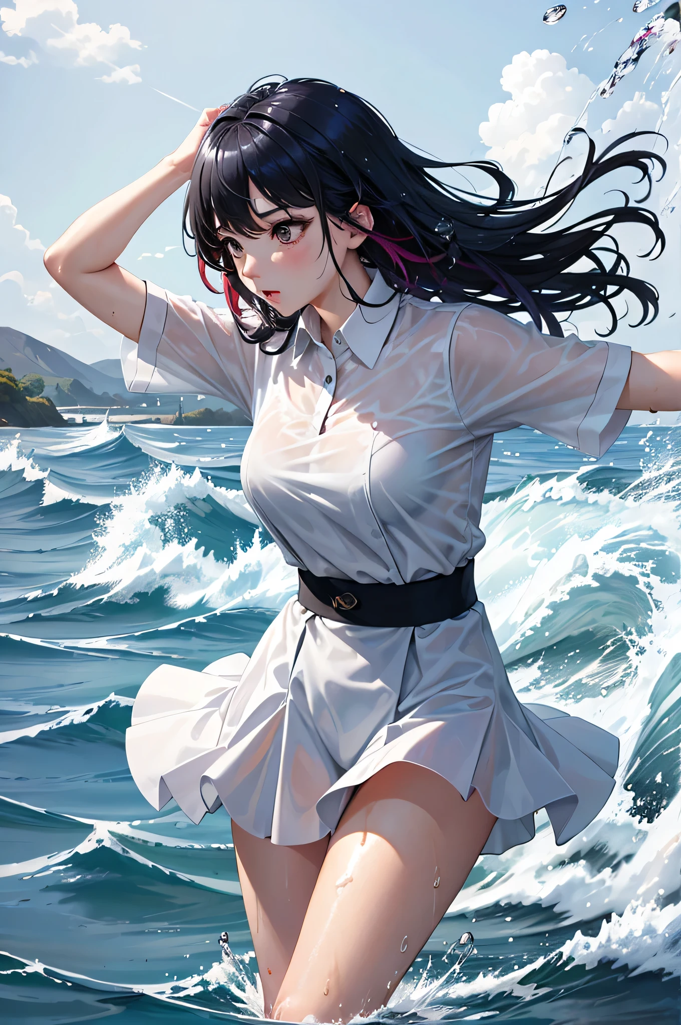 masterpiece, highest quality, (Dynamic pose:0.5), Absurd, One girl, Fighting Pose, Punch Water, (Water Magic:1.5) Wet clothes, Wet Hair, Wet Face, Waters, Multicolored Hair, (Wind:1.4)