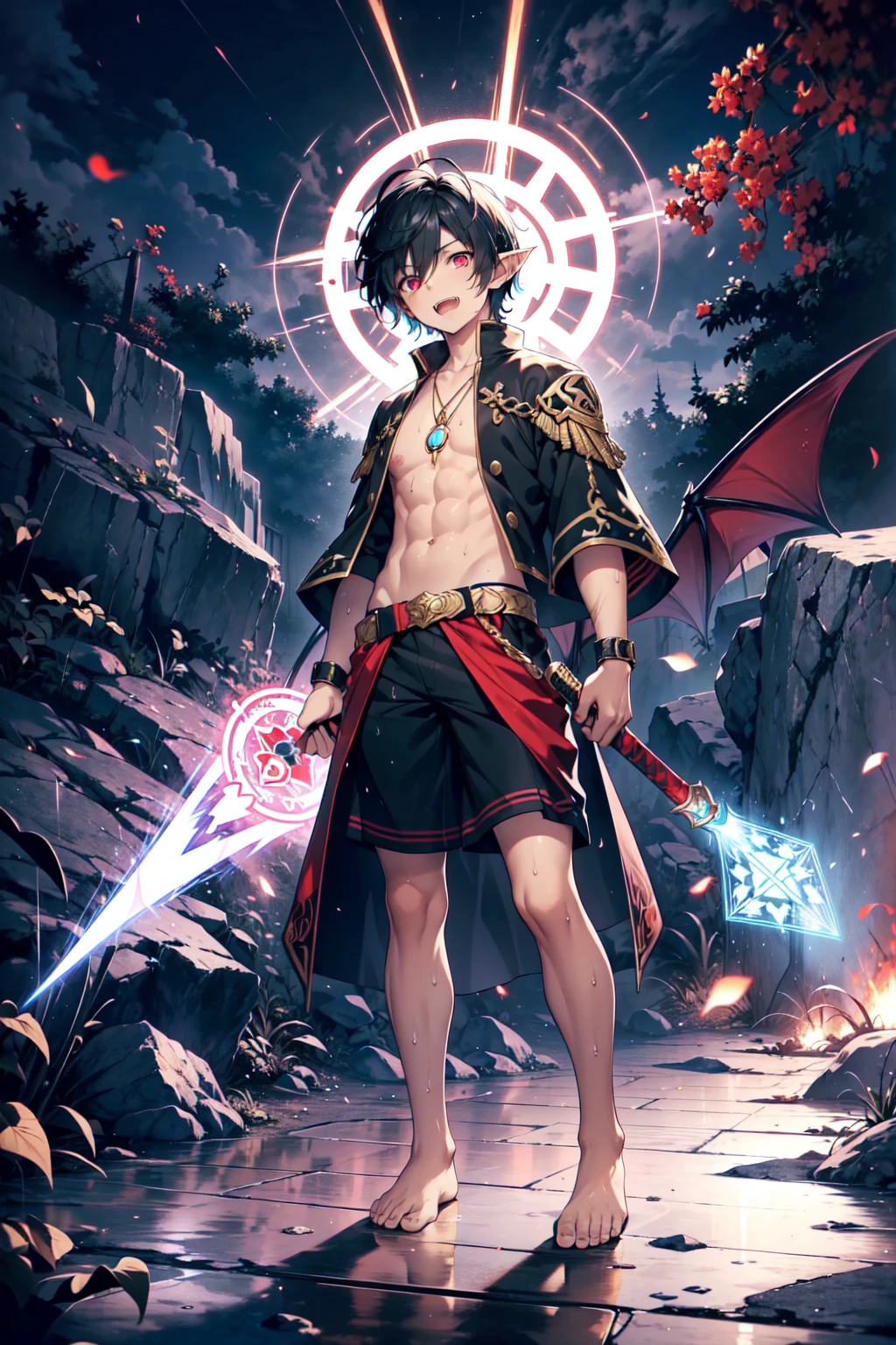 (((masterpiece))),((((best picture quality)))),high quality,(((rich and vivid colors))),((rich details)),(((ultra-high resolution))),8k resolution,fine picture,((((strong perspective, strong visual impact)))).,
Secondary element style,animation style,illustration,original painting,cg. Depth of field,((full body lens, full body painting)).,
((single))),(((handsome boy, cool handsome, beautiful boy, boy)), brave profession,((male master dress, male master)), pink and immature skin, (protagonist face),(hedgehog head),(blue demon horns),(((red short hair))),(blue highlights), with spiritual (dull hair), beneath the heavy eyebrows are (delicate features, perfect face), watery, sparkling (((golden glowing eyes))), a pair of elf ears, with half behind (demon wings), and (demon tail). He maintained a fighting posture, (war damage) of him, the body (wound) is particularly obvious, the black hand socks on his hands are tattered, he looks excited, nervous, his face and body are covered with (sweat drops), his mouth slightly open, revealing (tiger teeth),(barefoot and bare feet), holding a sharp sword, sprinting forward, his neck (red crystal pendant), and coat are blown by the wind, expose (lean body), sexy and strong (abs),(navel). Surrounding with blue glow (lightning and gas), floating around with condensation (crystals), and (flames), a huge fuchsia magic (((magic circle))) appears overhead.,