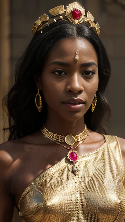black hair, Surrealism, 8k, super detail, UHD, masterpiece, ccurate, anatomically correct, textured skin, super detail, high details, high quality, best quality, 8k，Beautiful woman，(rose golden，african Princess ruby and gold jewellery 