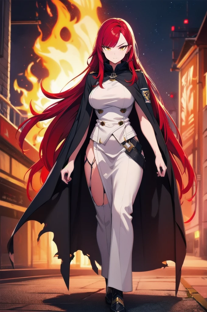 (masterpiece:1.37), woman, mature, extremely detailed eyes and face, long straight hair, (red hair:1.5), yellow eyes, military uniform, cloak, torn cloak, ripped cloak, flame-print cloak, futuristic, science fiction, hologram armband, unicursal hexagram-shaped pupils, standing, large breasts, futuristic, science fiction, hologram armband, best quality, 8k, highres, ultra-detailed, studio lighting, ultra-fine painting, sharp focus, physically-based rendering, extreme detail description, professional, vivid colors, bokeh, extreme attention to detail, tsurime, messy bangs, long bangs, bright red hair highlights, two-tone hair, full body