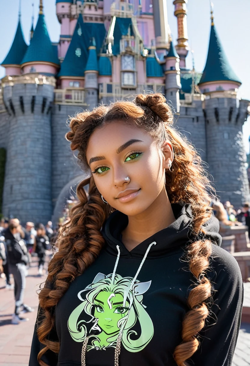 slightly tall young woman, light brown skin, light green eyes. Long brown curly hair with pigtails. Black Graphic Kanji Hoodie, necklace, silver nose piercing, transparent lipgloss, slim built, very beautiful, late adolescent, 19 years old, full body photo, long legs, hanging out at Disneyland during the afternoon with Sleeping Beauty Castle visible in the background. 