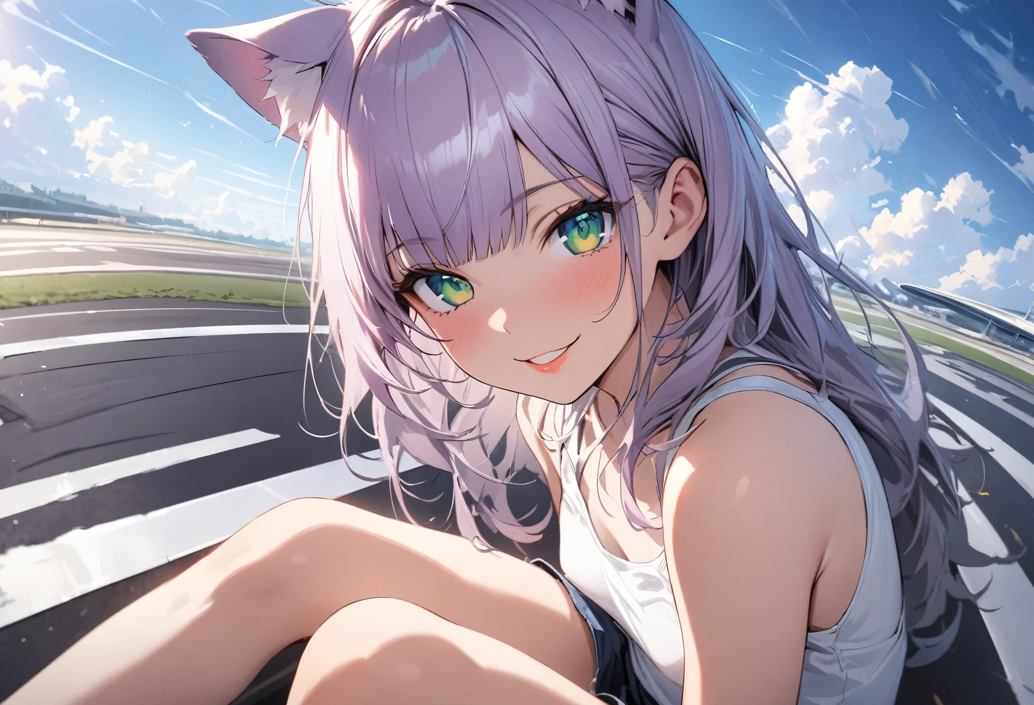 ((Masterpiece)), ((best quality)), (super detail:1.2), (High Definition:1.3), (Professional Photography:1.2), (fisheye), from below, (sharp focus), (perfect light), ((12 years old)), Textured skin, cinematic lighting, cute teenage girl, ((small breast)), (Healthy slim body), (embroidery white tanktop), short jeans, (pale purple hair), curtained hair, (loose blunt bangs), ((glossy lips)), (put on cat ears), ((Naughty smile)), 1girl, solo, perfect anatomy, BREAK, ((best quality)), (super detail:1.2), ((beautiful emerald colored eyes)), (sitting on the Airport runways), outdoor, (the airport's vast runway), altostratus cloud, blue sky,