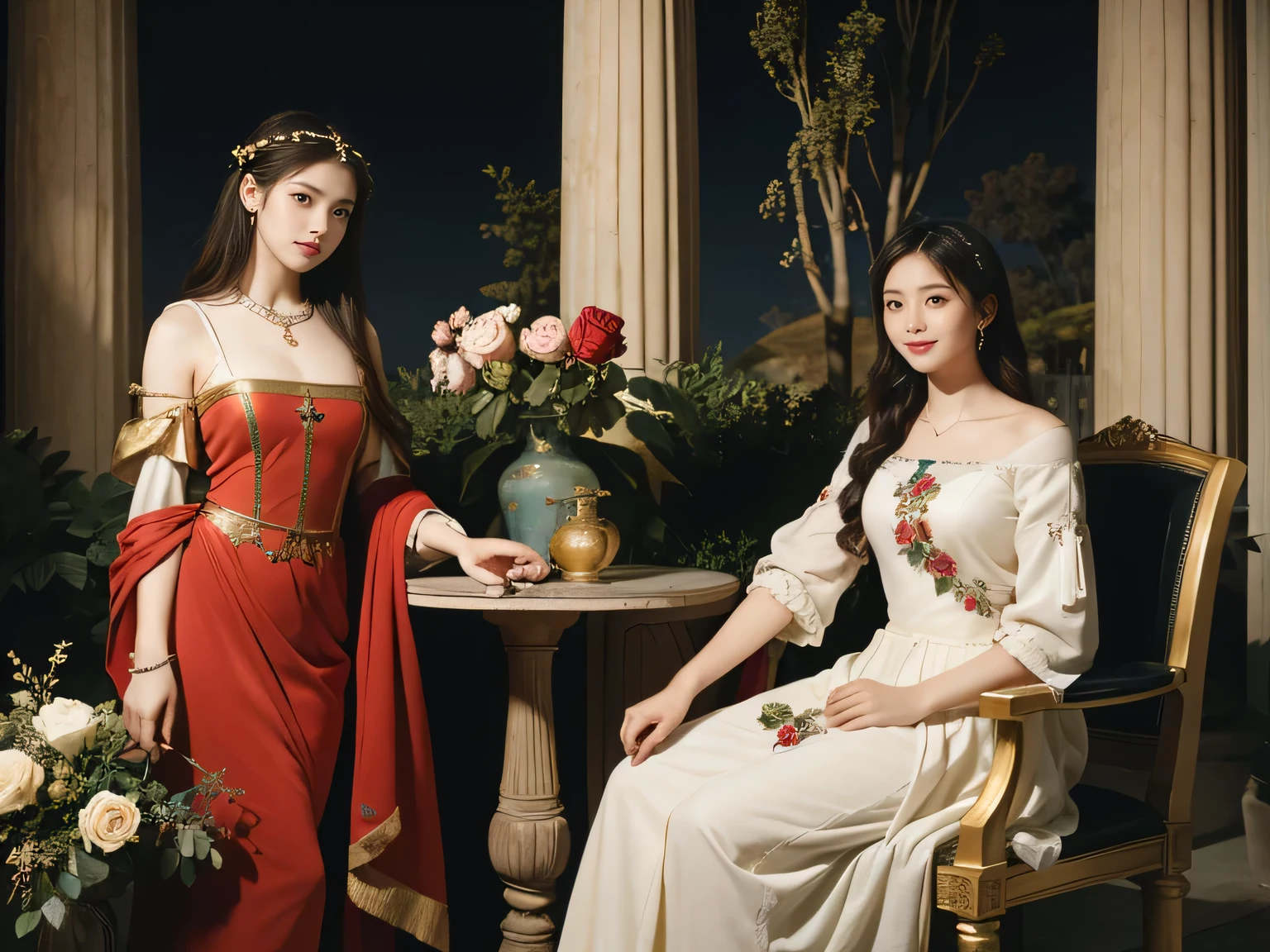 Giorgione painting style,Arguments of two female Philosophe,math、astronomical machine、astronaut、roses in vase、fruits、Cute trinkets、smile、ancient greek costume、Background is a forest lake at night 、Clothes that stretch your shou