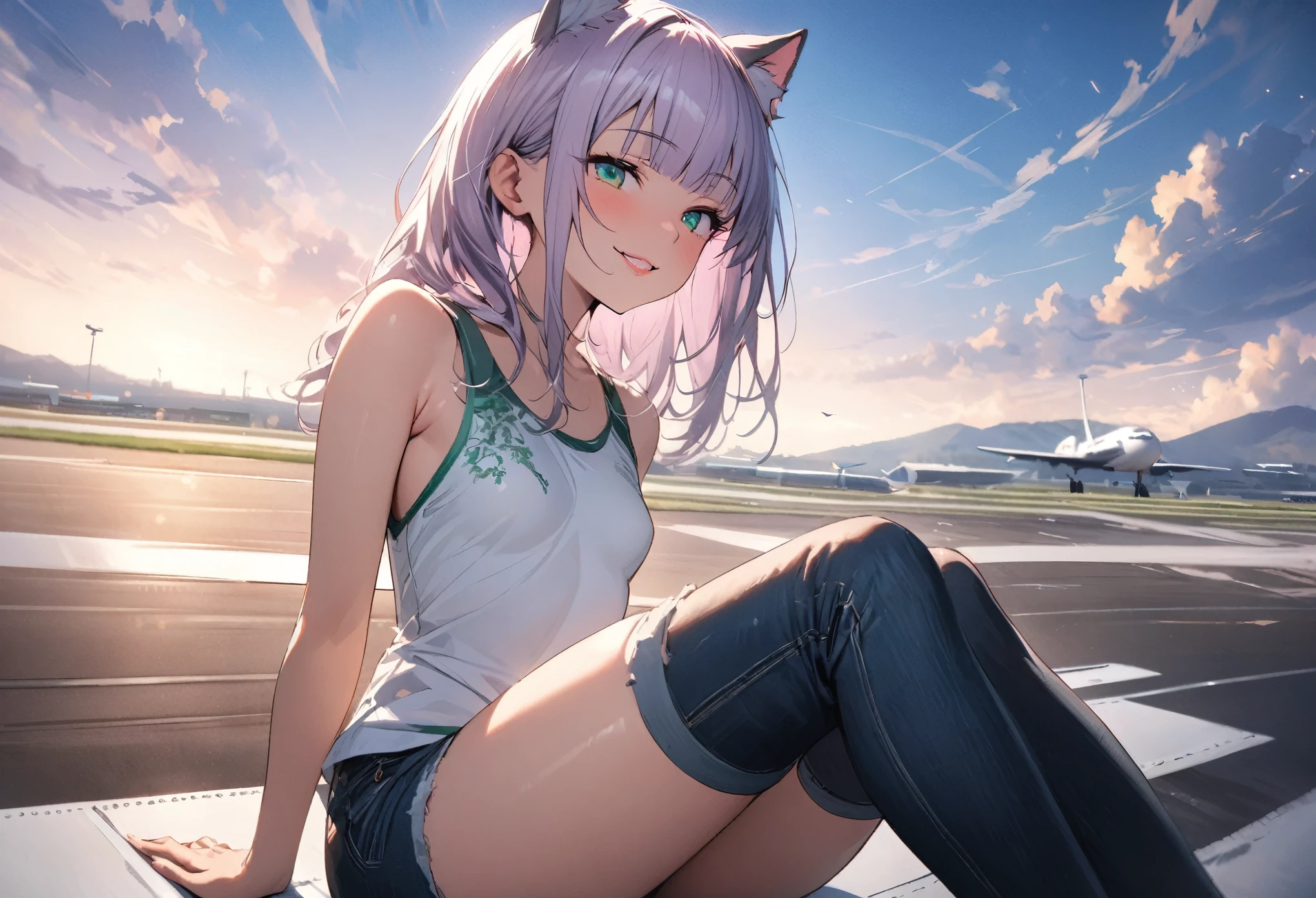((Masterpiece)), ((best quality)), (super detail:1.2), (High Definition:1.3), (Professional Photography:1.2), (fisheye), from below, (sharp focus), (perfect light), ((12 years old)), Textured skin, cinematic lighting, cute teenage girl, ((small breast)), (Healthy slim body), (embroidery white tanktop), short jeans, (pale purple hair), curtained hair, (loose blunt bangs), ((glossy lips)), (put on cat ears), ((Naughty smile)), 1girl, solo, perfect anatomy, BREAK, ((best quality)), (super detail:1.2), ((beautiful emerald colored eyes)), (sitting on the Airport runways), outdoor, (the airport's vast runway), altostratus cloud, blue sky,