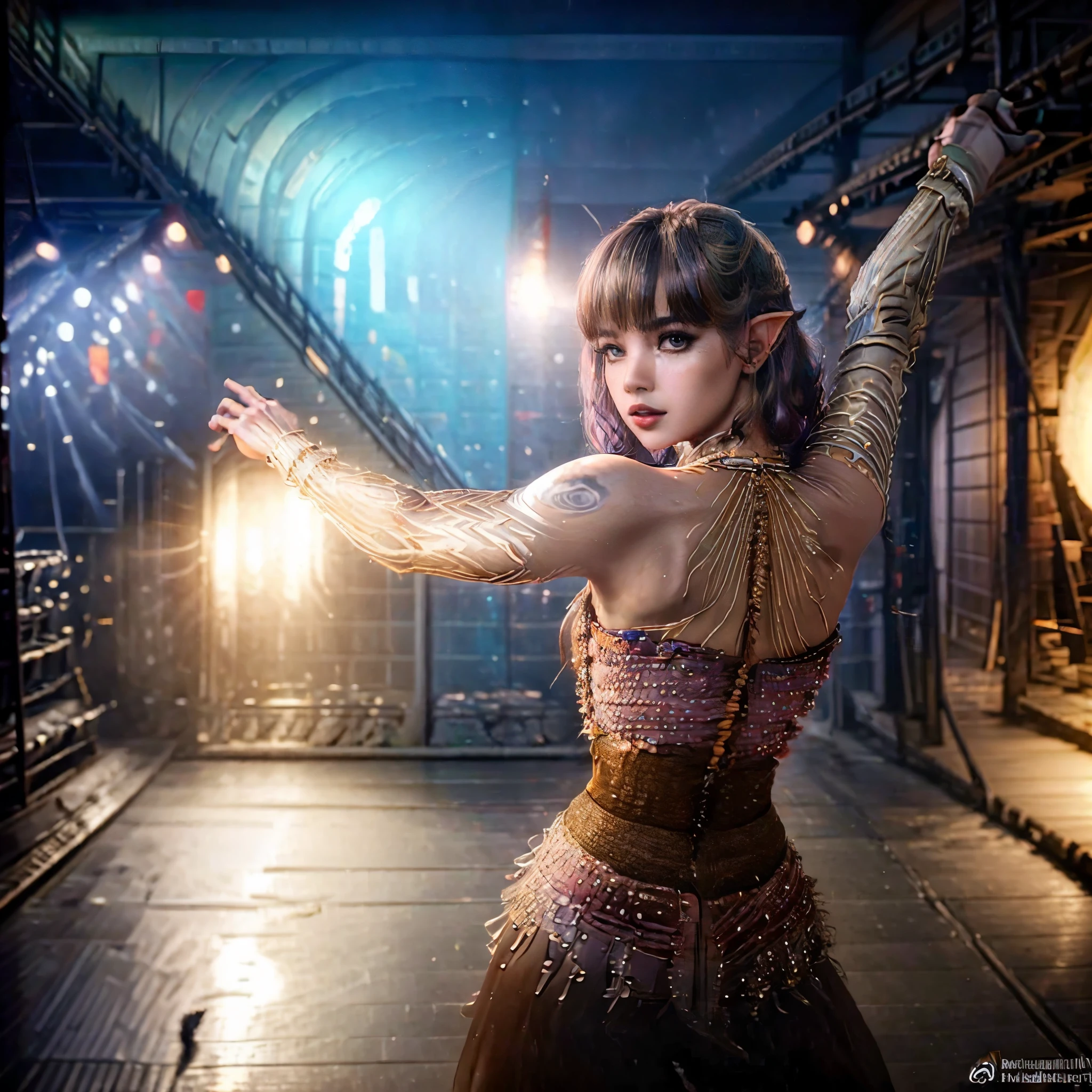 a beautiful elven dancer, 1 girl, rainbow hair, rainbow sheer silky billowing dress, doing a sultry dance with grand sweeping movements, in a royal banquet hall, best quality, 8k, highres, masterpiece, ultra-detailed, realistic, photorealistic, photo-realistic, HDR, UHD, studio lighting, ultra-fine painting, sharp focus, physically-based rendering, extreme detail description, professional, vivid colors, bokeh, fantasy, magical, ethereal