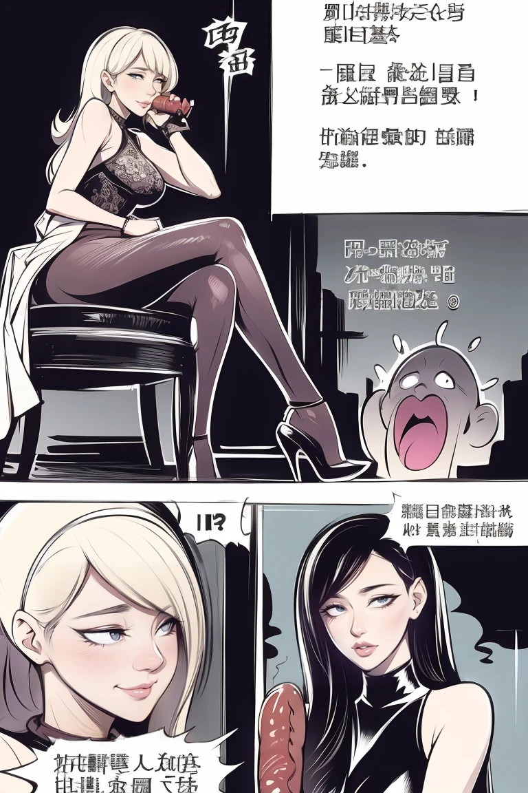The beautiful girl in lace top and leggings is sitting astride a pile of skeletons in the center of the picture. She is holding a trembling sausage with juice squeezed out in her hand and smiling. There are multiple comic storyboards in the background,cbt, sausage bondage,sausage insertion,Sexy, trampling sausage with high heels heel,(masterpiece, best quality:1.2),1 beautiful girl,sexy,comic storyboard:2, leggings, sit astride, axially symmetrical:2, ,femdom,sounding,cbt,hold,smile,colorful,leggings,thin gap,cameltoe,insertion,trembling,juice,spray, Long hair,Lace top,Sexy, Shiny leggings, High heel,cleveage, trampling, in forest, saliva , Mucus,