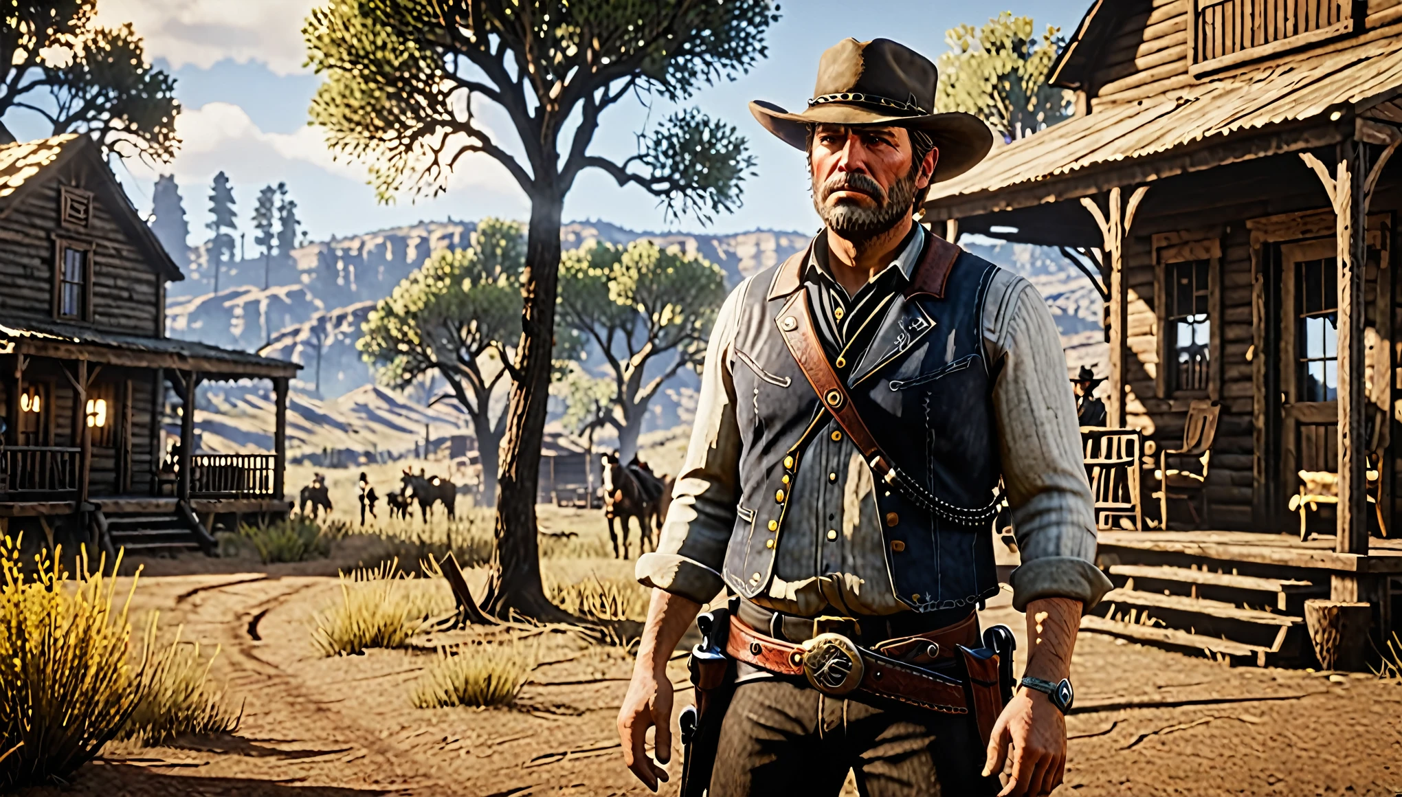 Arthur Morgan, o protagonista de Red Dead Redemption 2, is portrayed in a typical Wild West environment, com o sol se pondo ao fundo. Com uma postura confiante e reflexiva, ele observa o horizonte, his face marked by a serious expression, but thoughtful. Vestindo roupas de cowboy desgastadas, a wide-brimmed hat and an ornate weapons belt, Arthur embodies the image of the 19th century outlaw. The atmosphere of the scene is full of nostalgia and melancholy., conveying the duality of his life as a gang member seeking redemption in the Wild West.