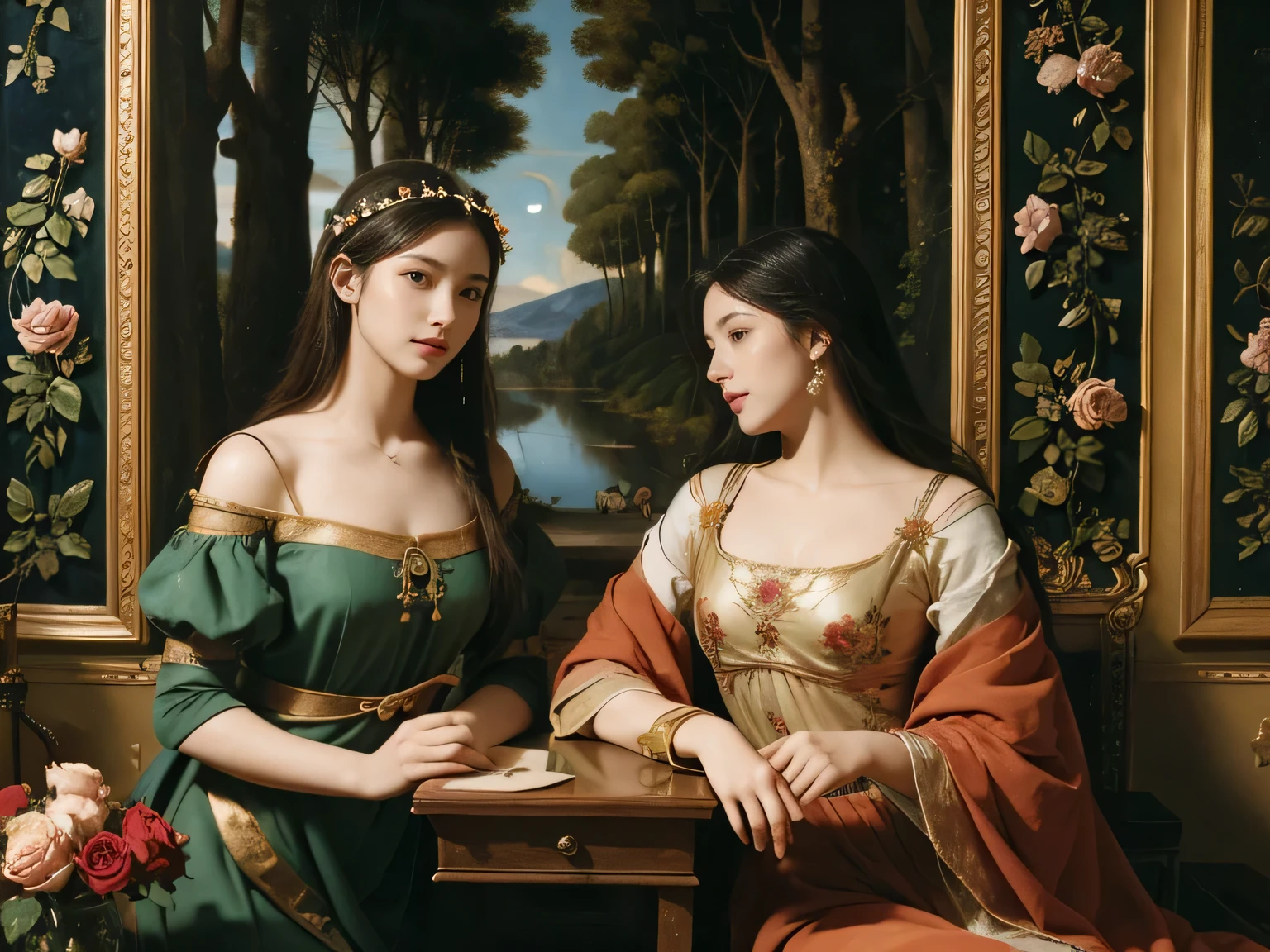 Giorgione painting style,Arguments of two female Philosophe,math、astronomical machine、astronaut、roses in vase、fruits、Cute trinkets、smile、ancient greek costume、Background is a forest lake at night 、Clothes that stretch your shou