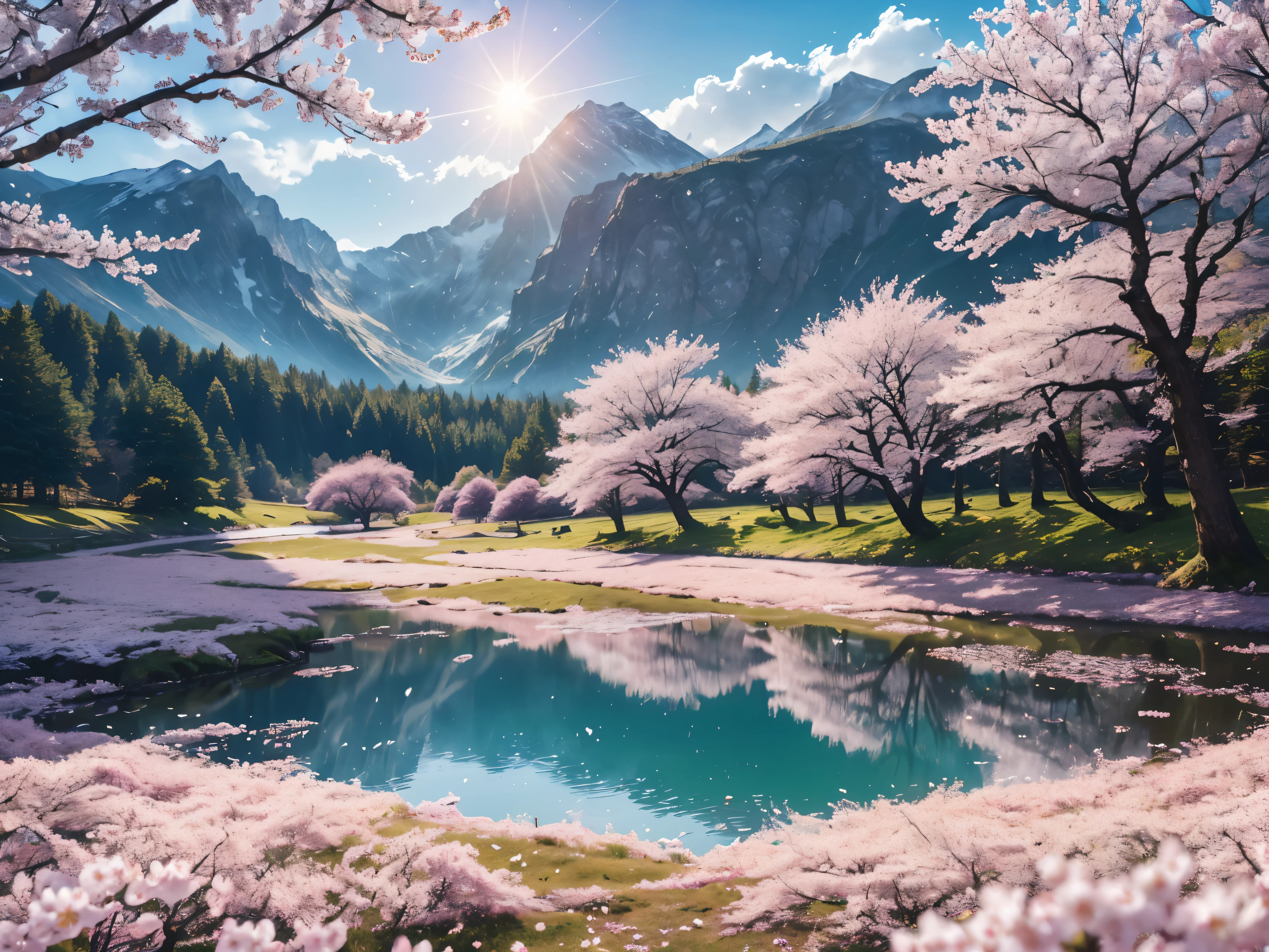 ((LOGO, AMAZING, 8K, TABLETOP, RAW PHOTO, Awesome, Top Quality, Photorealistic and Highly Detailed CG Integrated 8K Wallpaper, High Quality, Highly Detailed, Narrative Verse, Particle Effects, Dynamic Effects, Text Border Depth, Cinematic Light, Lens Flare, Ray Tracing, Tabletop, Real: 1.4, Ultra HD: 1.2, Real, Real)), Fantasy, Anatomically Correct, Wind, Beauty of Mountains and Forests and shine, the world's silence and beauty of the meadow, the vast land, the lakeside, the wonderful scenery, the beautiful natural scenery, the wind, the cherry blossoms, the cherry blossom petals are dancing, the cherry blossom blizzard, the falling petals.