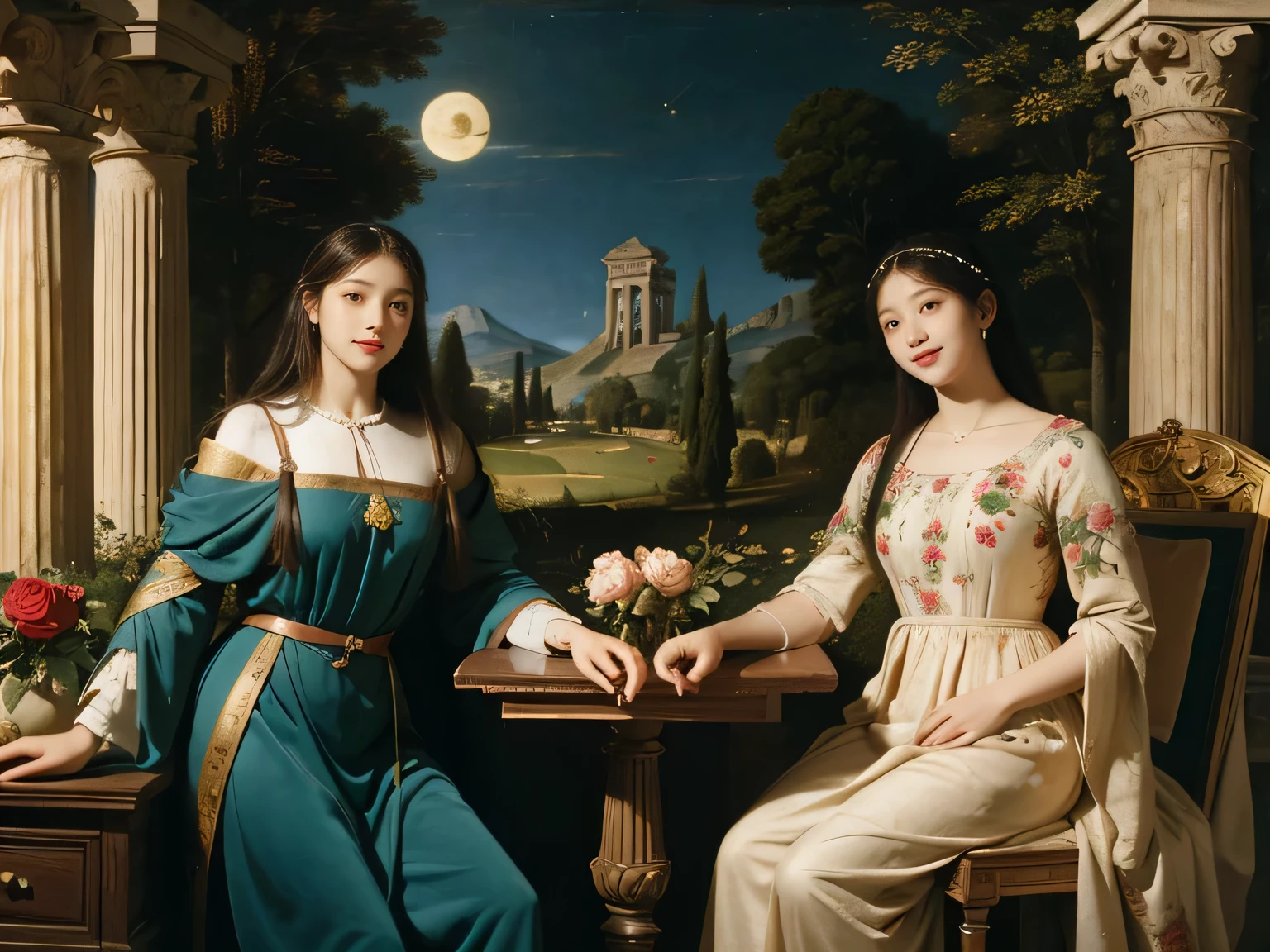 Giorgione painting style,Arguments of two female Philosophe,math、astronomical machine、astronaut、roses in vase、fruits、Cute trinkets、smile、ancient greek costume、Background is a forest lake at night 、Clothes that stretch your shou
